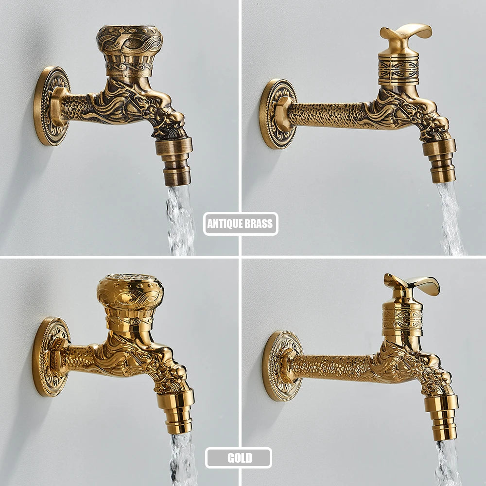 Old World Antique Brass Dragon Carved Wall Faucet