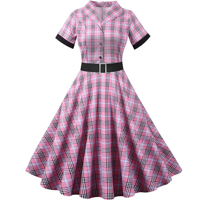 Short Sleeve Plaid Button Front Midi Dress with Belt