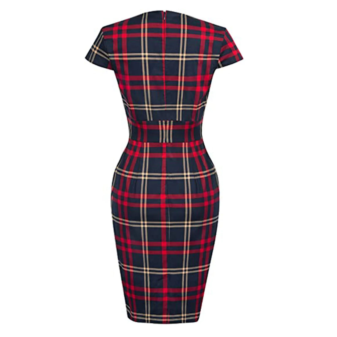 Short Sleeve Plaid Sheath Midi Dress