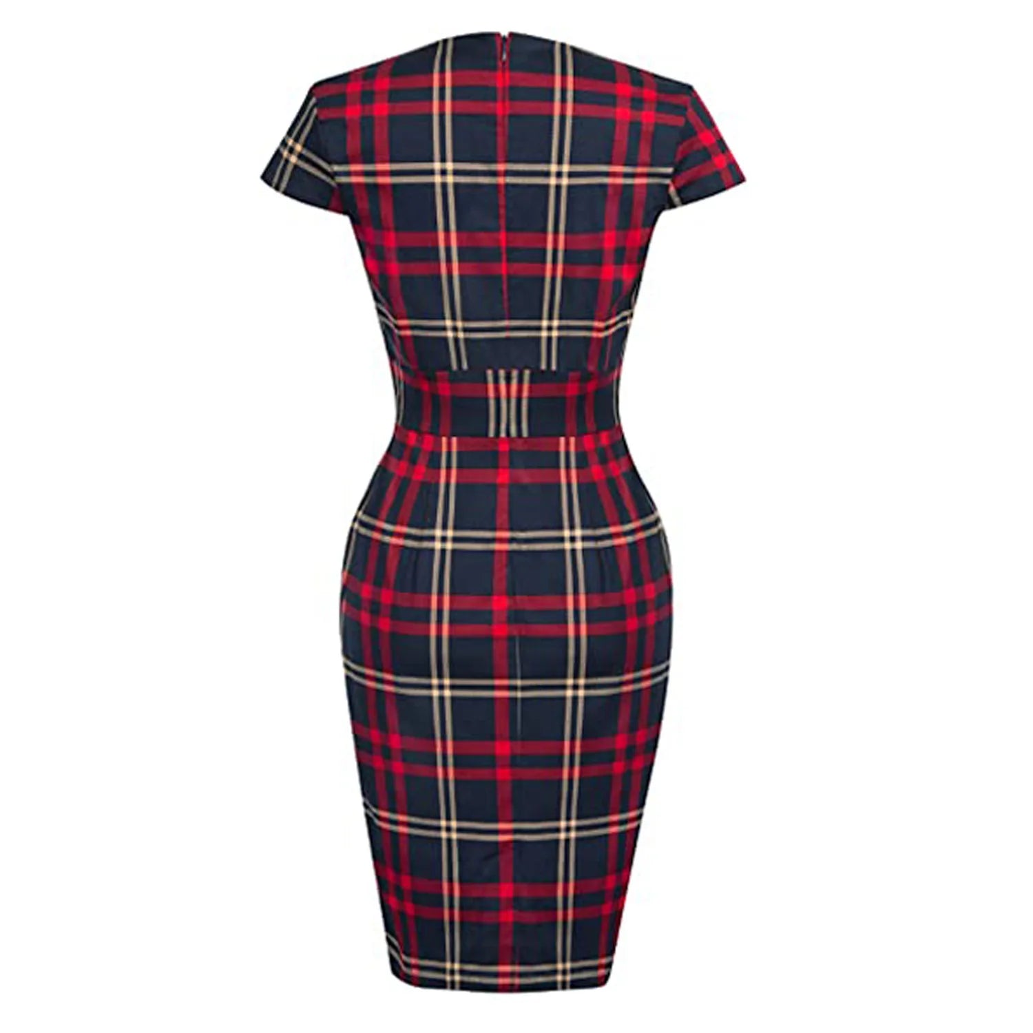 Short Sleeve Plaid Sheath Midi Dress