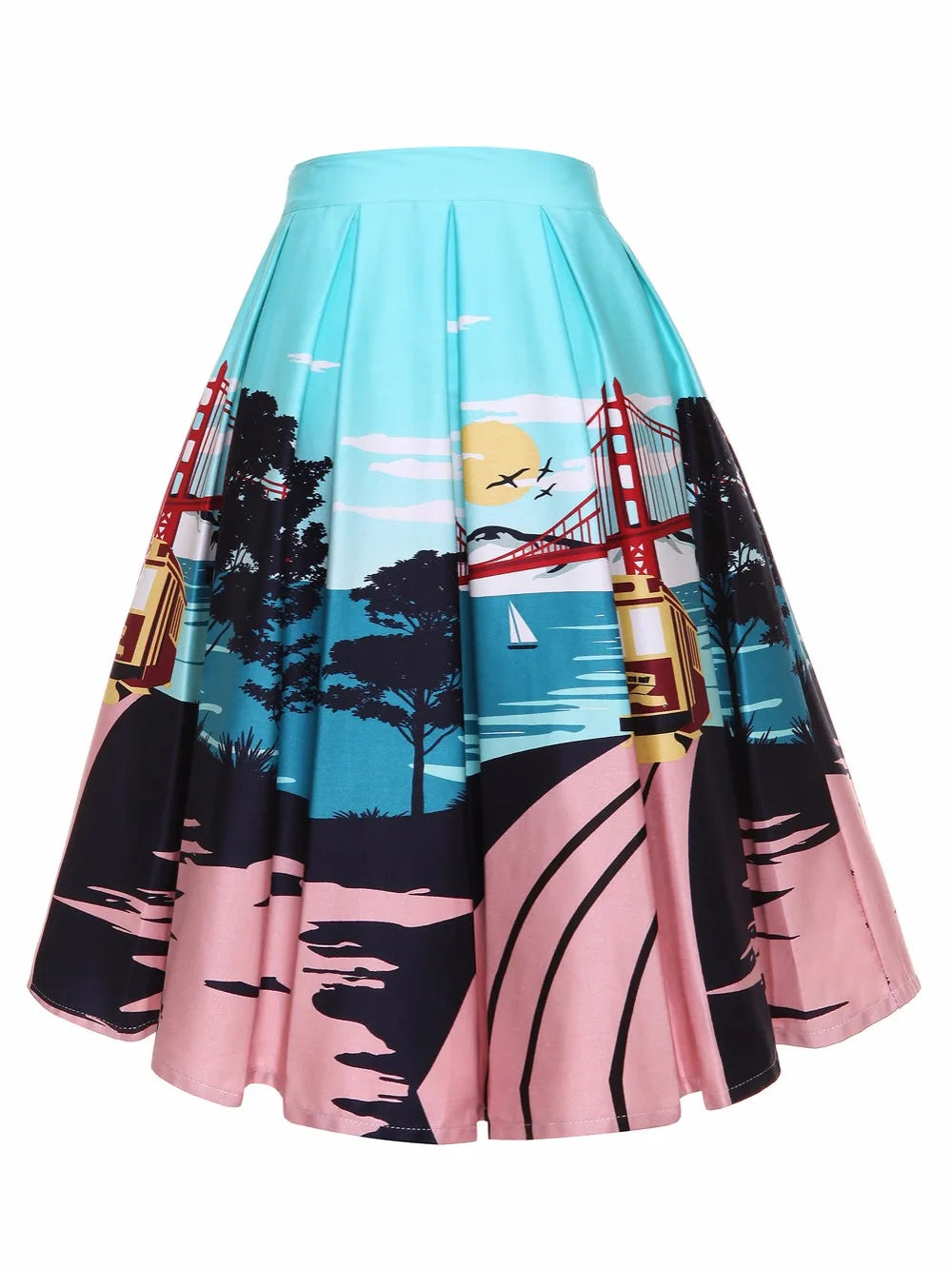 High Waist Scenic Print A Line Midi Skirt