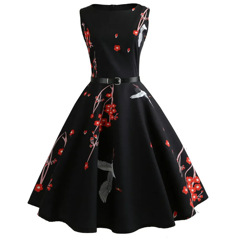 Floral Print Women Summer Dress Hepburn 50s 60s Retro Swing Vintage Dress A-Line Party Dresses With Belt jurken