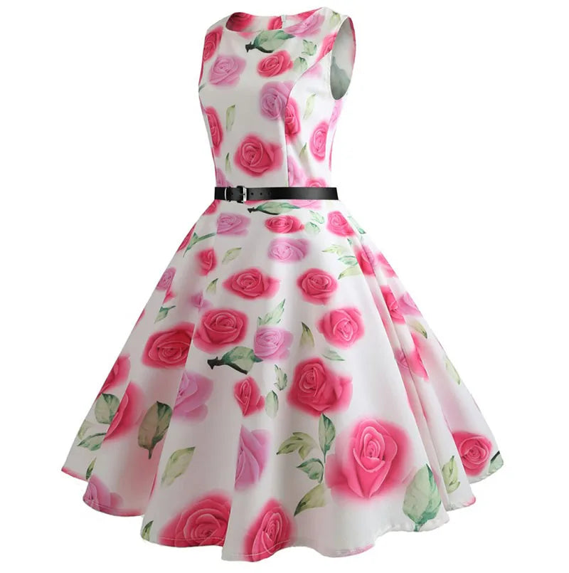Floral Print Women Summer Dress Hepburn 50s 60s Retro Swing Vintage Dress A-Line Party Dresses With Belt jurken