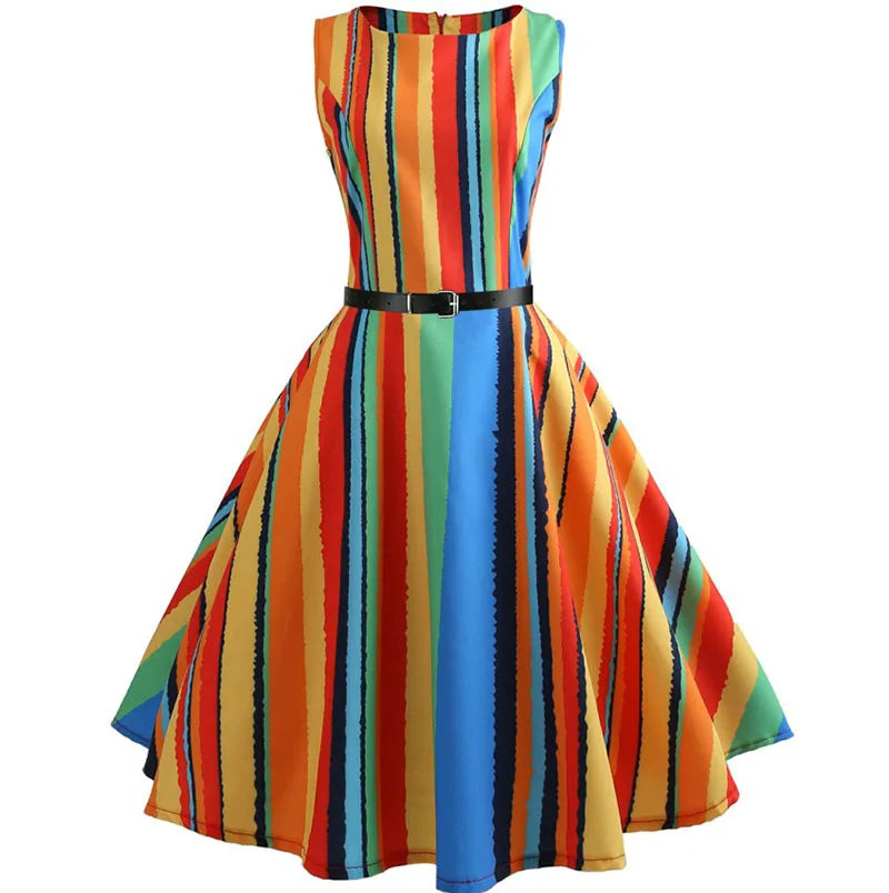 Floral Print Women Summer Dress Hepburn 50s 60s Retro Swing Vintage Dress A-Line Party Dresses With Belt jurken