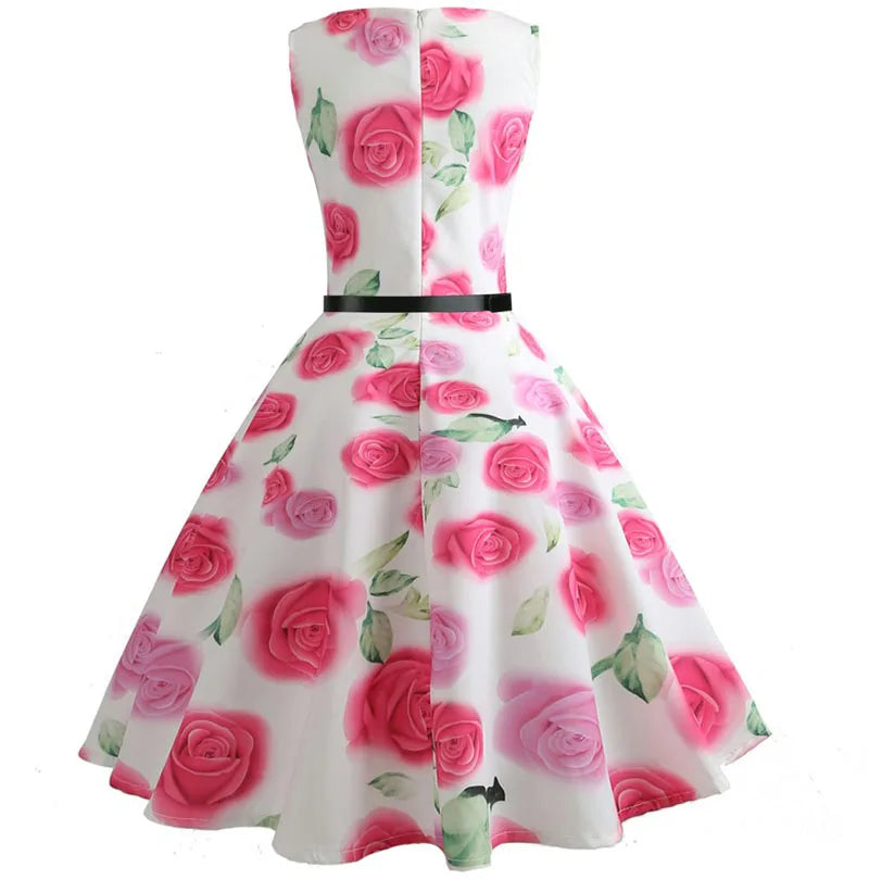 Floral Print Women Summer Dress Hepburn 50s 60s Retro Swing Vintage Dress A-Line Party Dresses With Belt jurken