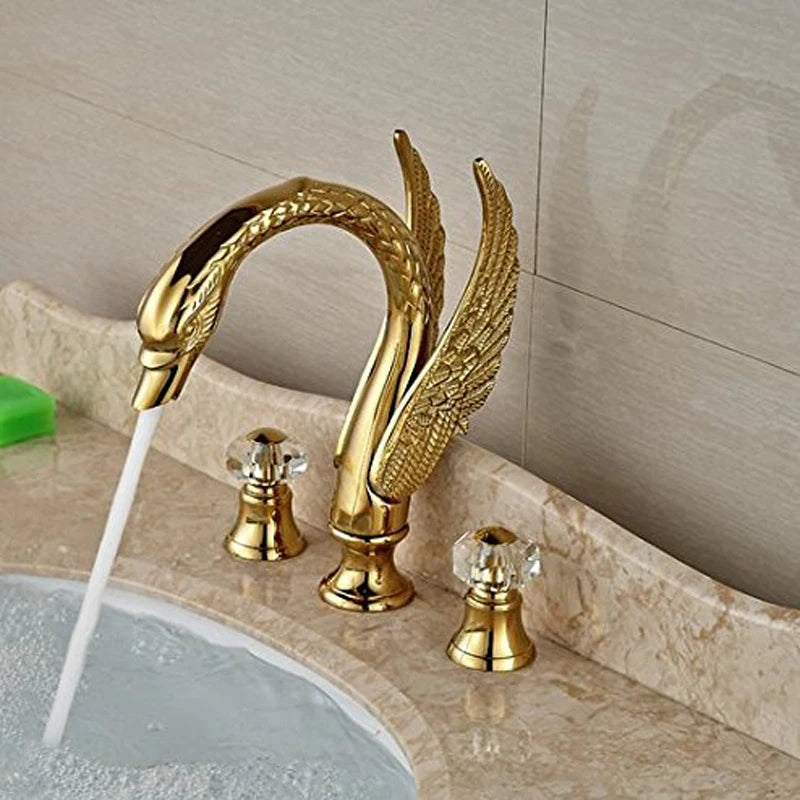 Hollywood Regency Golden Swan Dual Crystal Handle Basin Tap