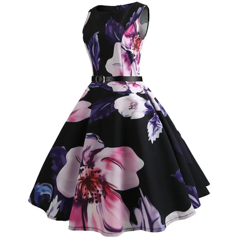 Floral Print Women Summer Dress Hepburn 50s 60s Retro Swing Vintage Dress A-Line Party Dresses With Belt jurken