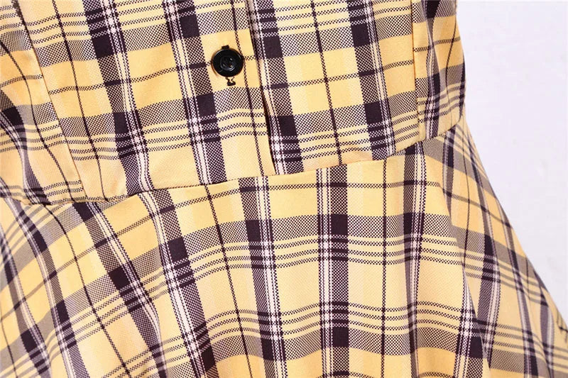 Short Sleeve Plaid Button Front Midi Dress with Belt