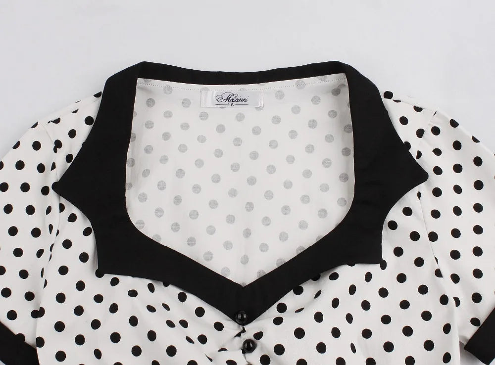 Short Sleeve Polka Dot Panel Fit and Flare Midi Dress