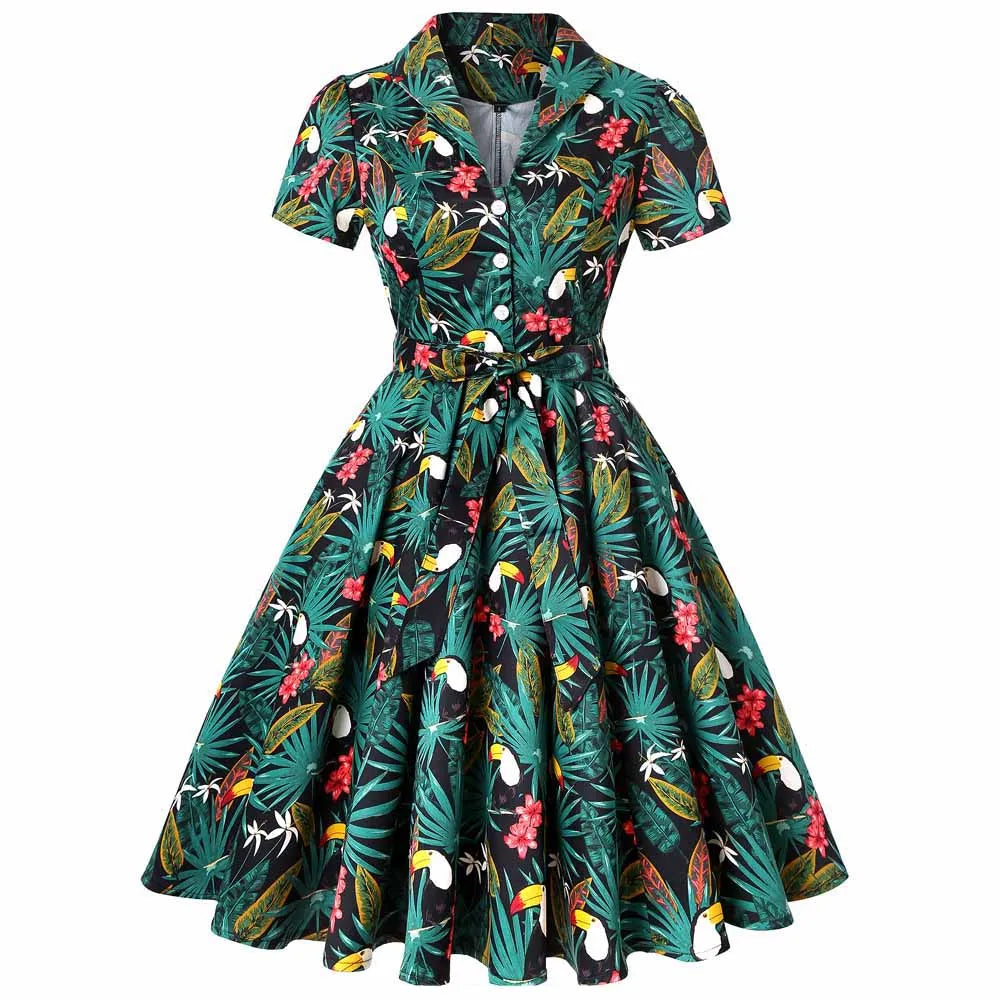 Short Sleeve Tropical Print Fit and Flare Midi Dress with Tie Belt