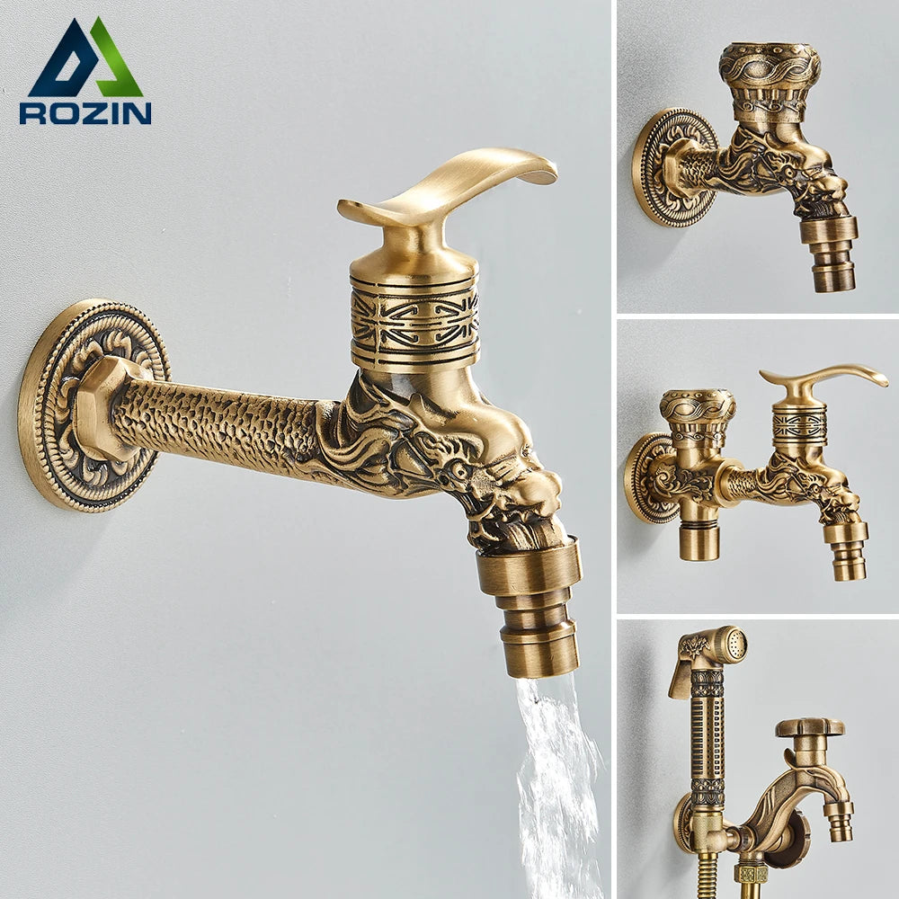 Old World Antique Brass Dragon Carved Wall Faucet