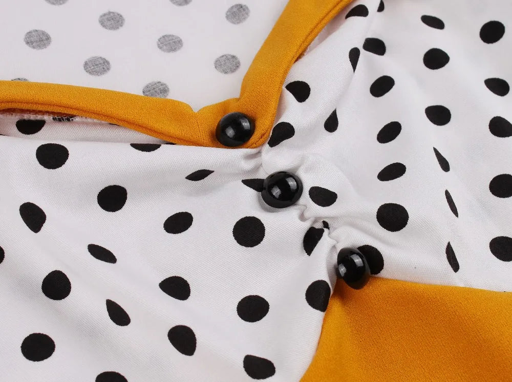 Short Sleeve Polka Dot Panel Fit and Flare Midi Dress