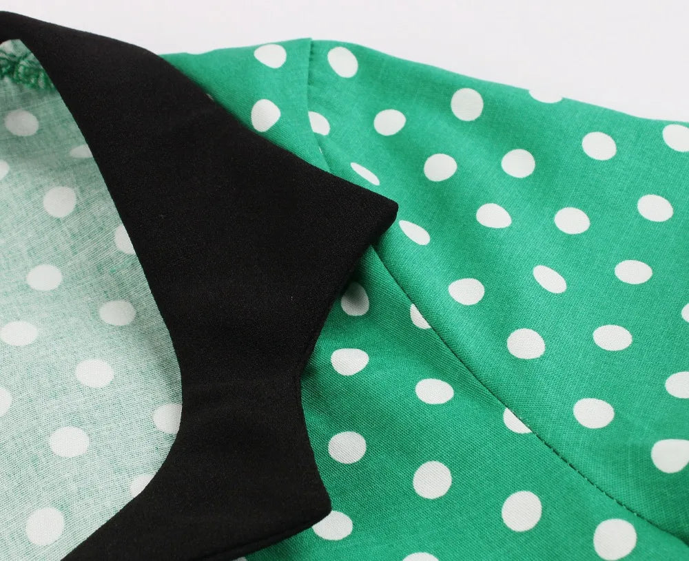 Short Sleeve Polka Dot Panel Fit and Flare Midi Dress