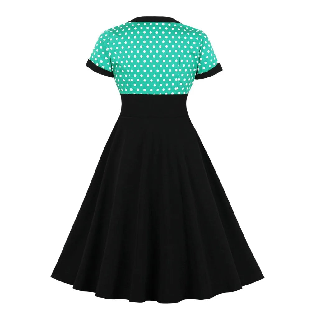 Short Sleeve Polka Dot Panel Fit and Flare Midi Dress