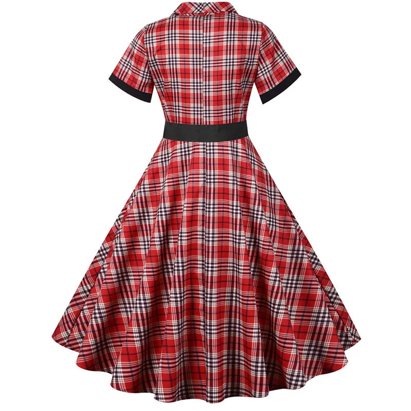 Short Sleeve Plaid Button Front Midi Dress with Belt