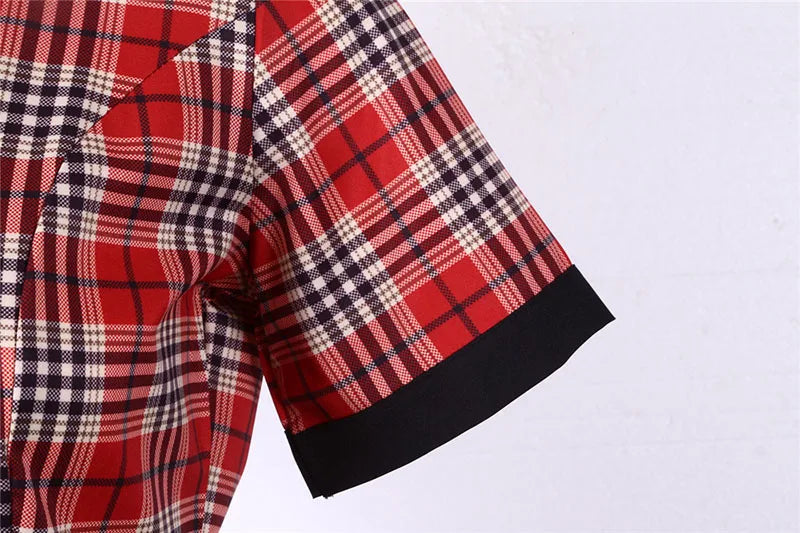Short Sleeve Plaid Button Front Midi Dress with Belt