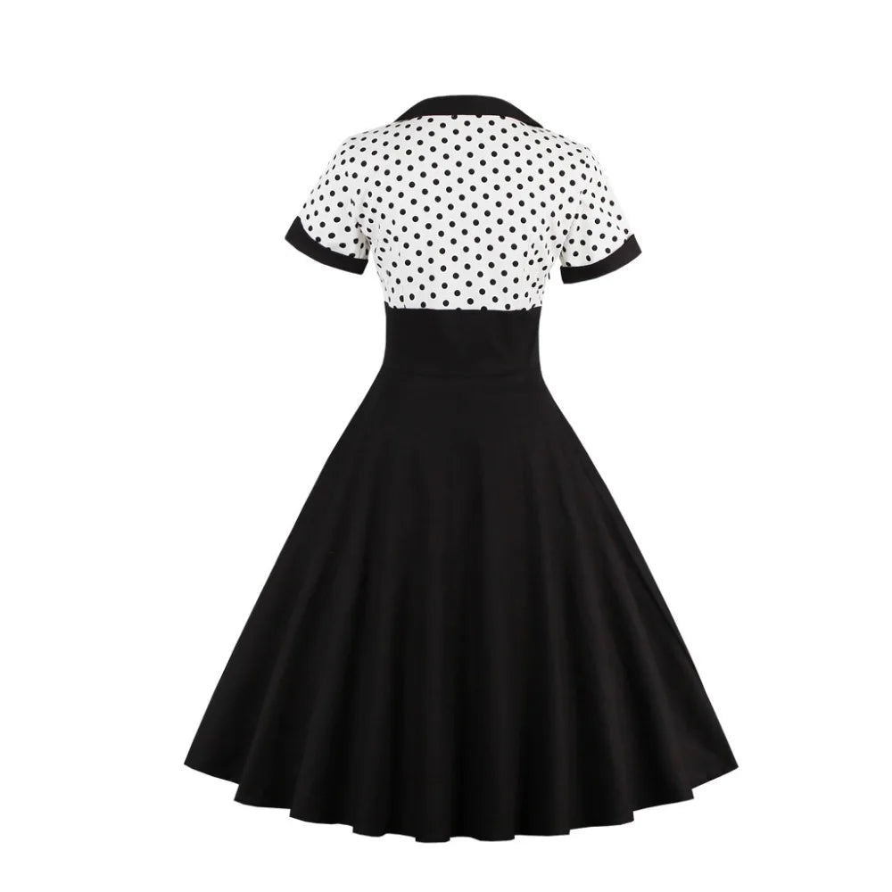 Short Sleeve Polka Dot Panel Fit and Flare Midi Dress