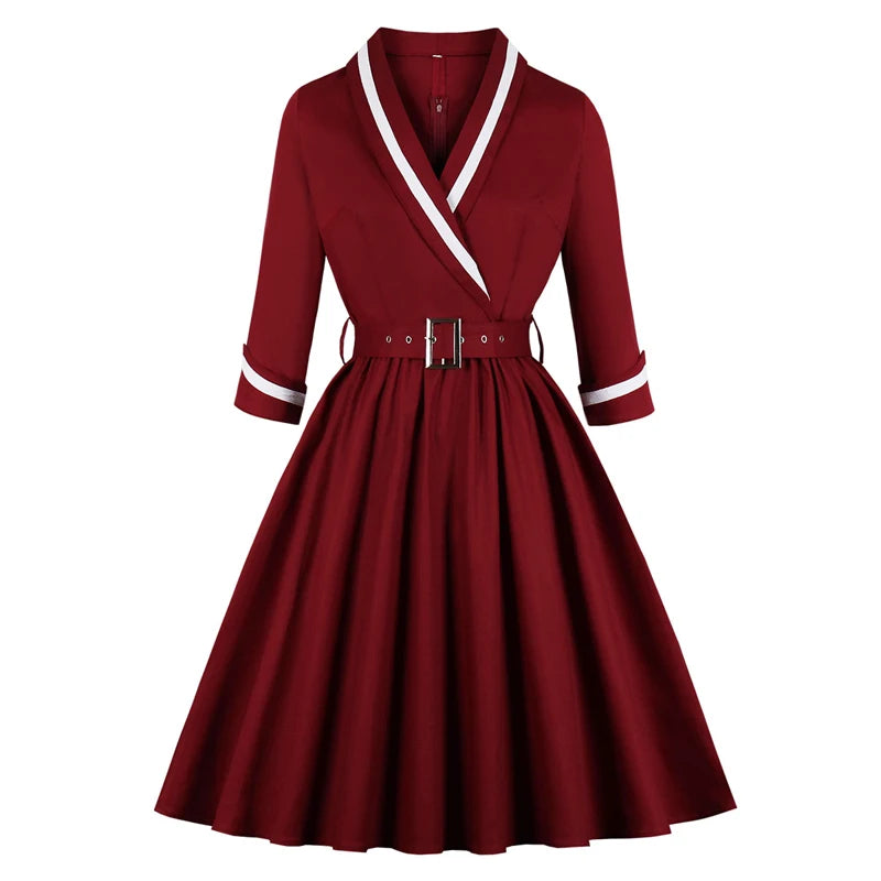 Contrast Trim Wrap Collar Fit & Flare Dress