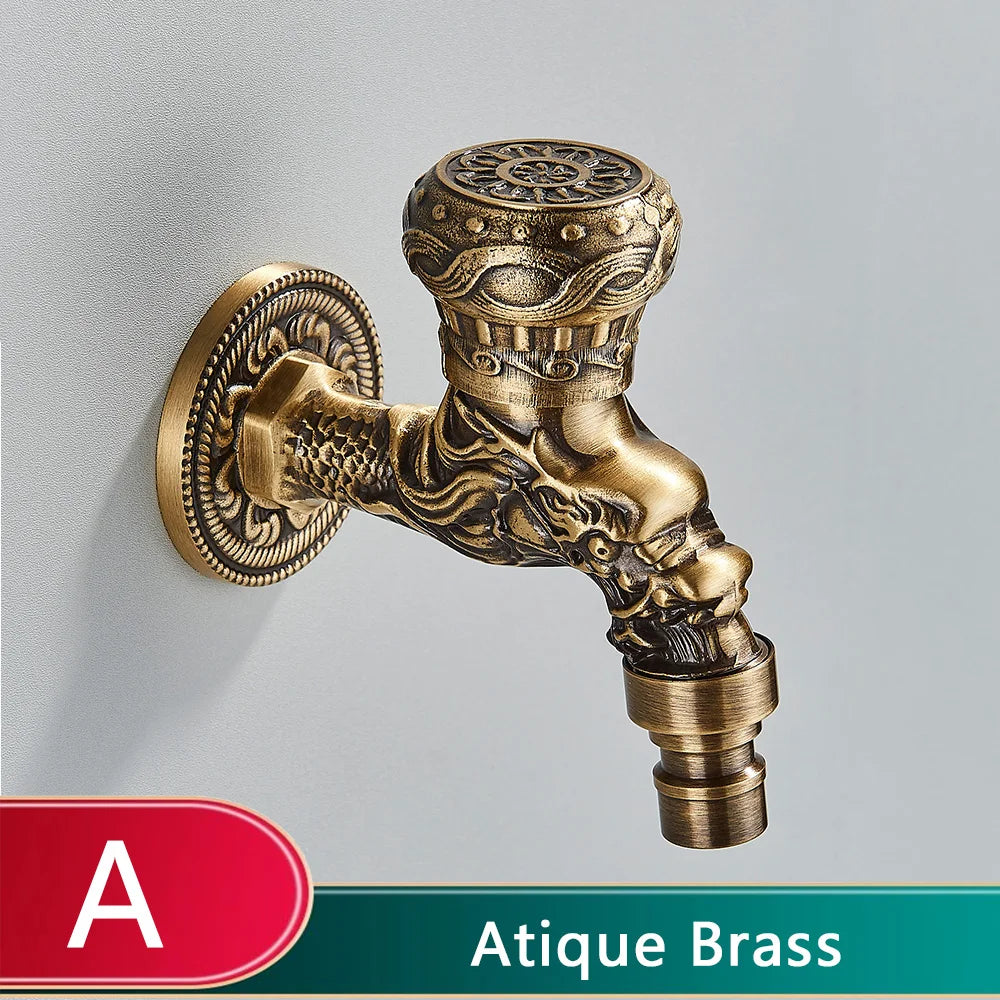 Old World Antique Brass Dragon Carved Wall Faucet