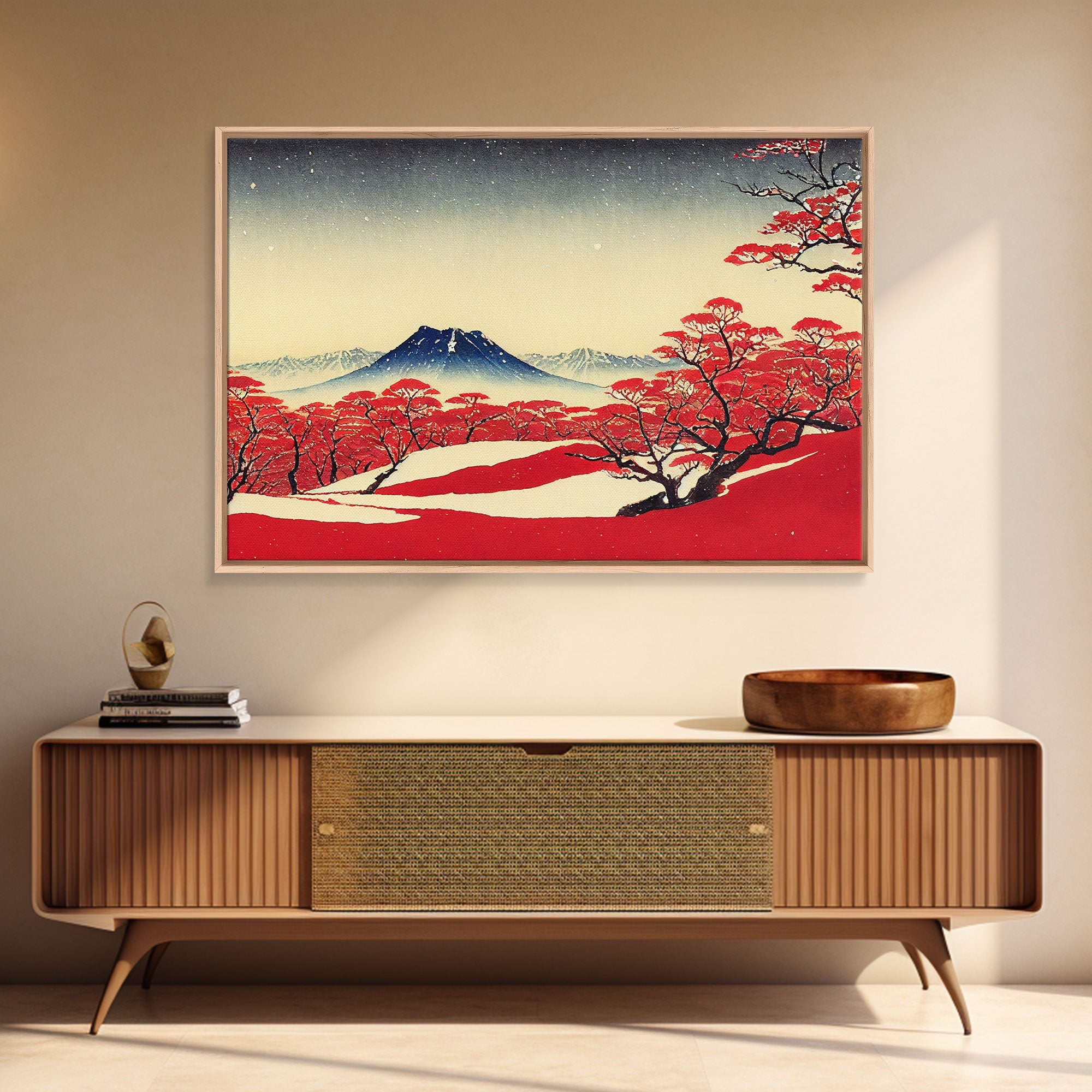 Mt. Fuji in the winter, Japanese style art, Japanese maple trees, framed canvas print, unique retro style art
