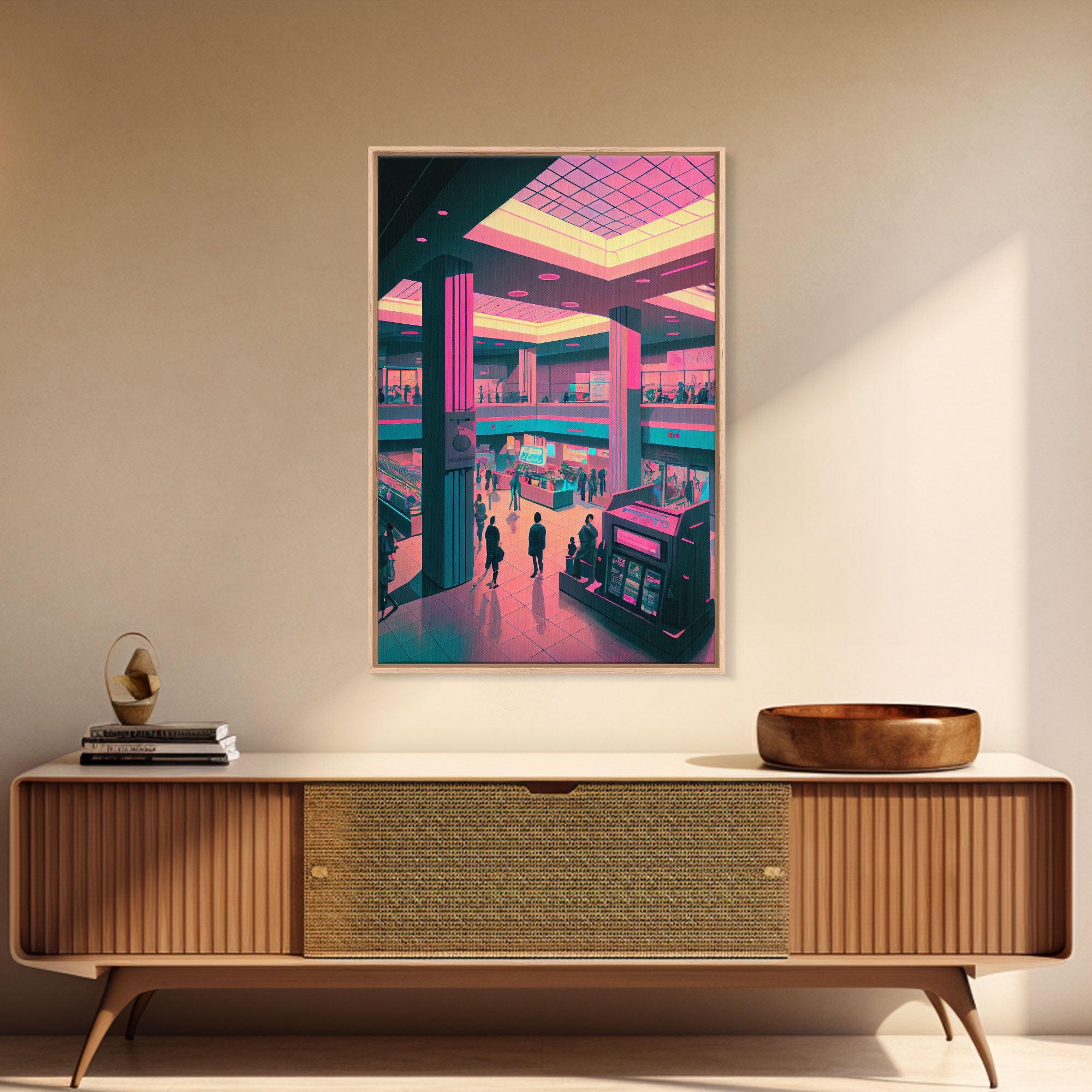 Monument to Capitalism, Retro 80's mall art, framed canvas print, vaporwave aesthetic consumer art