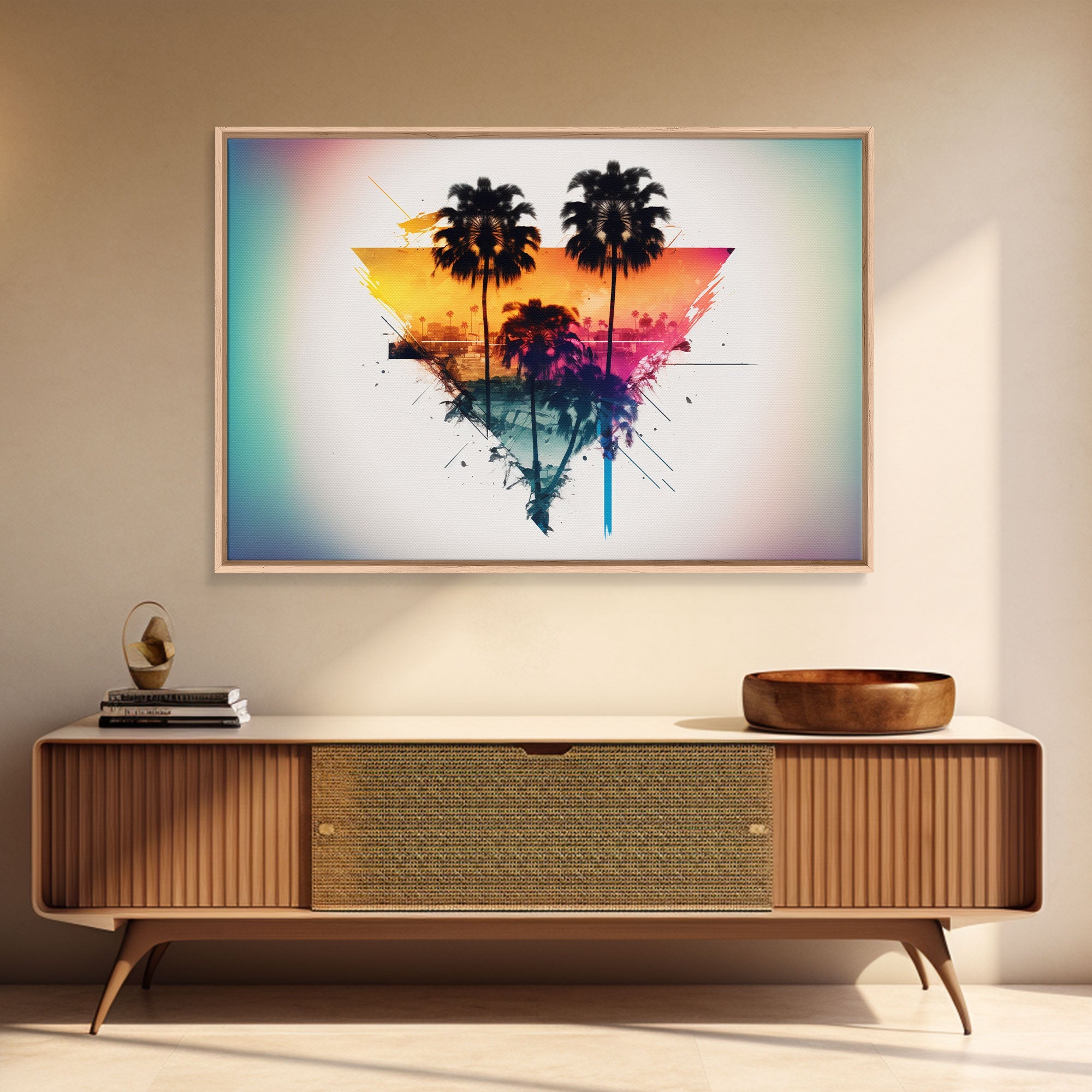 Retrowave / Synthwave Sunset Behind Beautiful Palm Trees, 1980s Style Retro Home Decor, Framed Canvas Print, Double Exposure Art