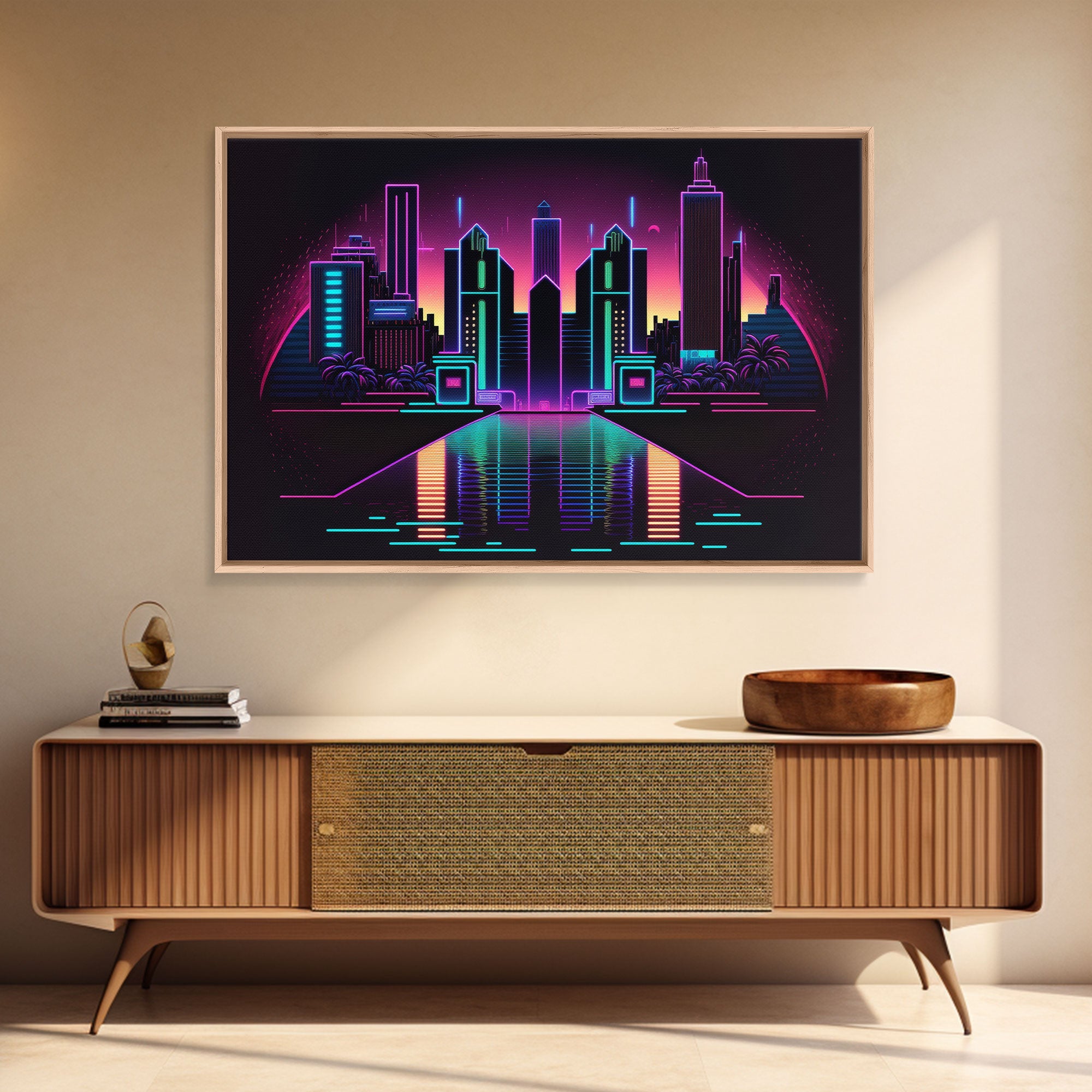 Retro Style Synthwave Wireframe City, Outrun Style, Framed Canvas Print, 80s Vibes Art