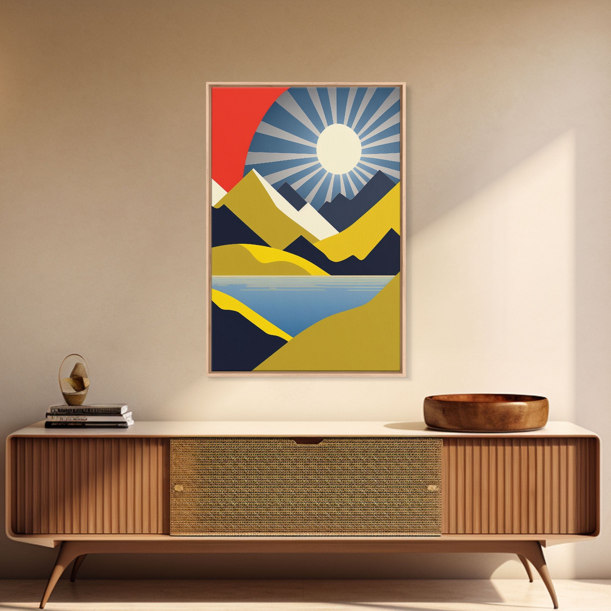 Scandinavian Style Midcentury Wall Art, Framed Canvas Print - Art Deco Minimalist Sunset Retro Style Wall Art Sepia Tones