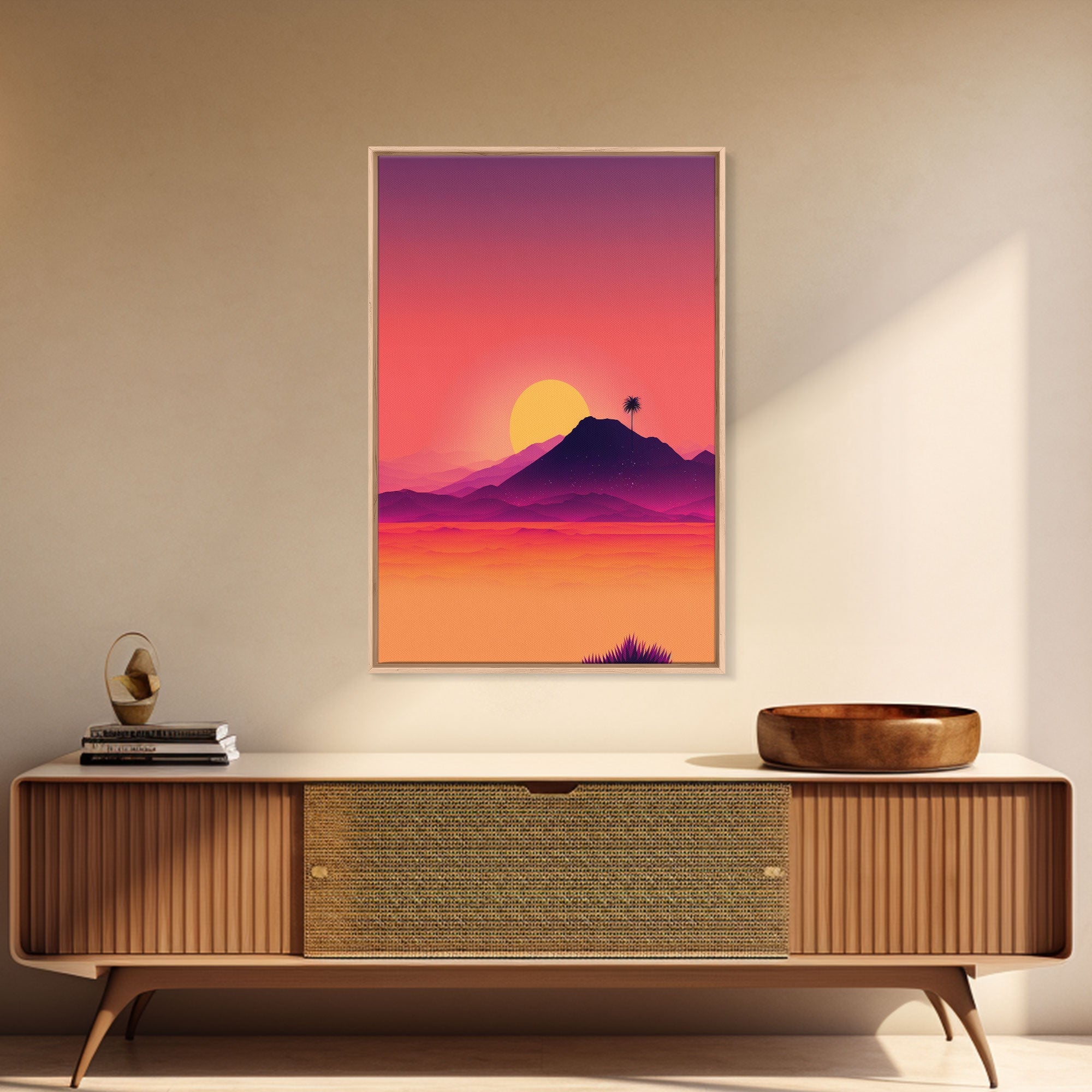 Outrun Style Desert Sunset, Framed Canvas Print, Retro Style 80s Vibe Wall Decor, Office Art, Game Room Decor, Living Room Gamer Art