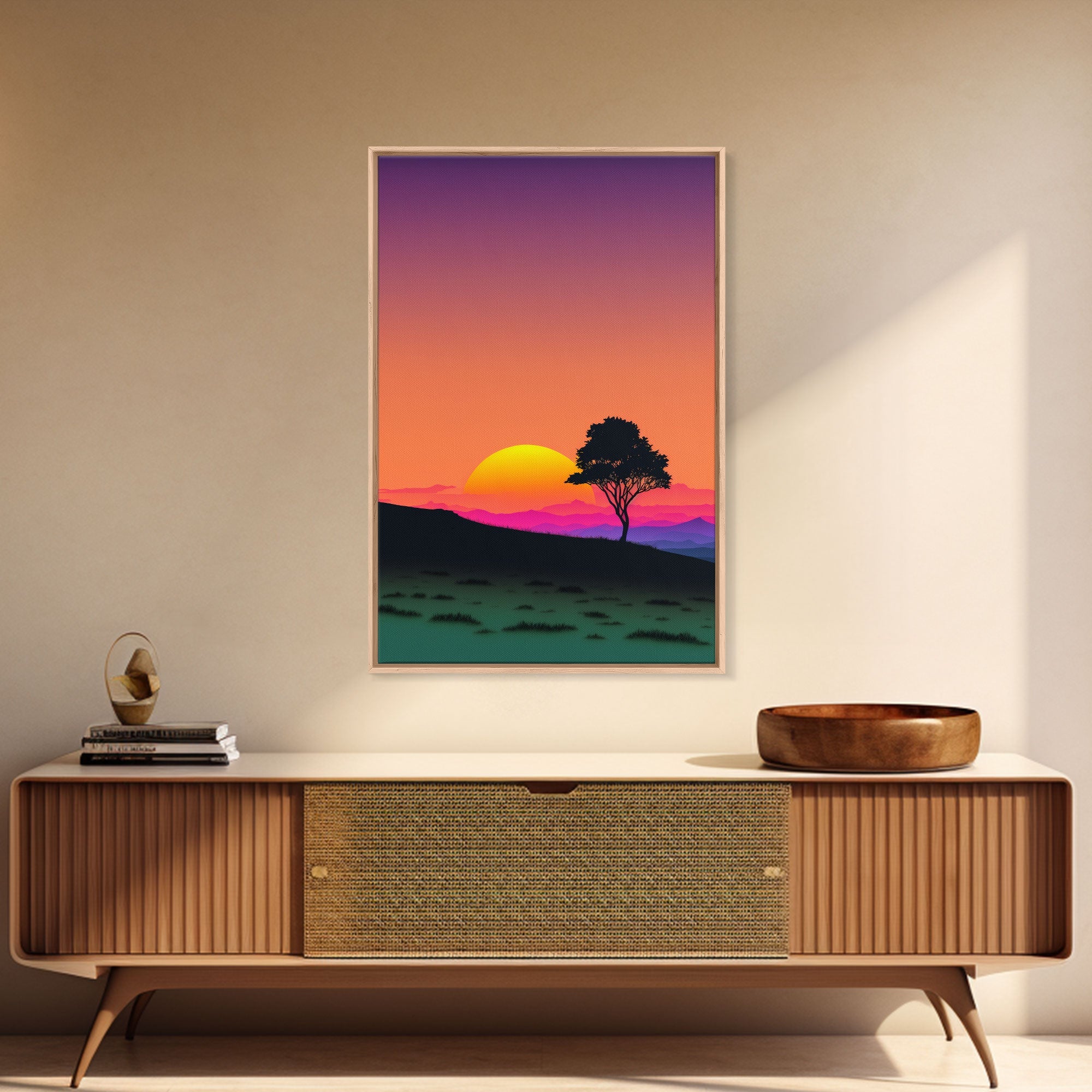 A Lone Tree in a Texas Field At Sunset, Retro Style MCM Art, Framed Canvas Print, Trendy Wall Prints, Landscape and Sunset Outrun Art