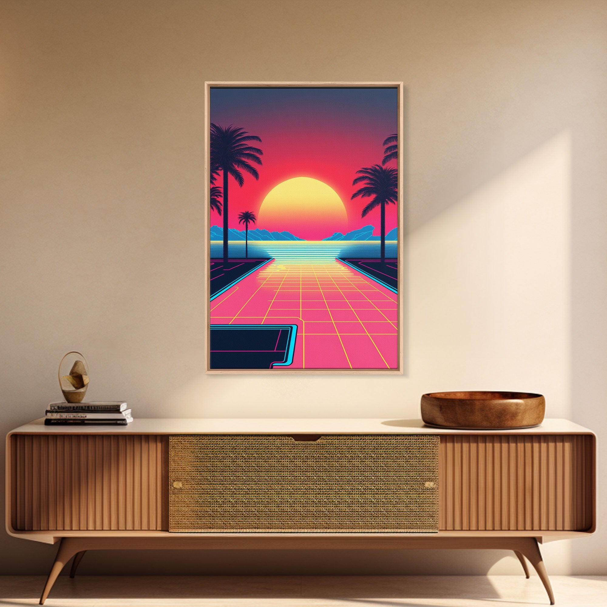 Retro Synthwave Sunset Canvas Print w/ Infinite Pool & Palm Trees | Framed Wall Decor | Framed Canvas Prints | Living Room Decor
