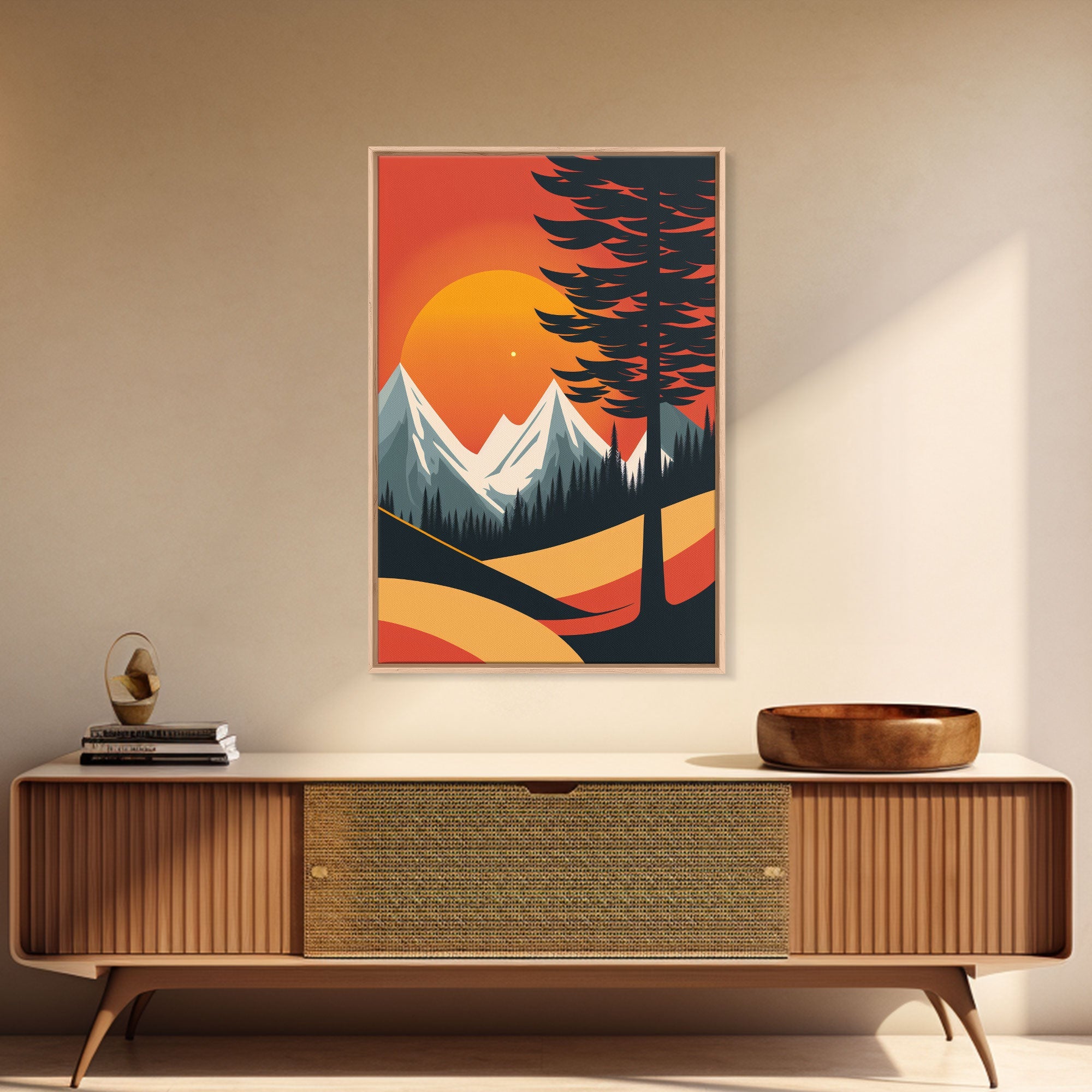 Retro Landscape Art, Sunset Over The Mountains, Framed Canvas Print, Minimalist Pop Art, Above Sofa Living Room Art, Entryway Art