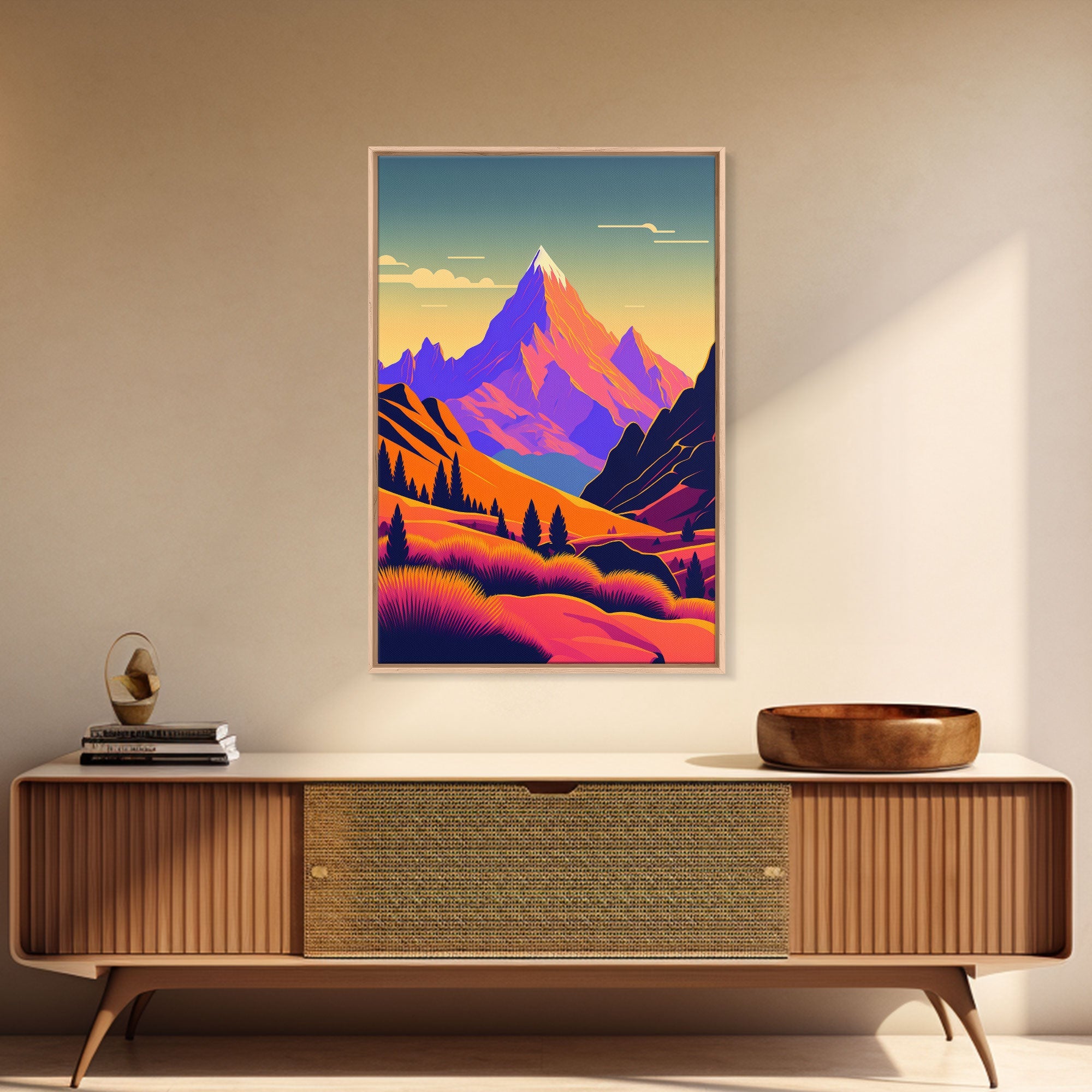 Retro Purple Midcentury Style Wall Art, Framed Canvas Print, Colorful Wall Art, Mountain Landscape, Office Decor, Low Res Art