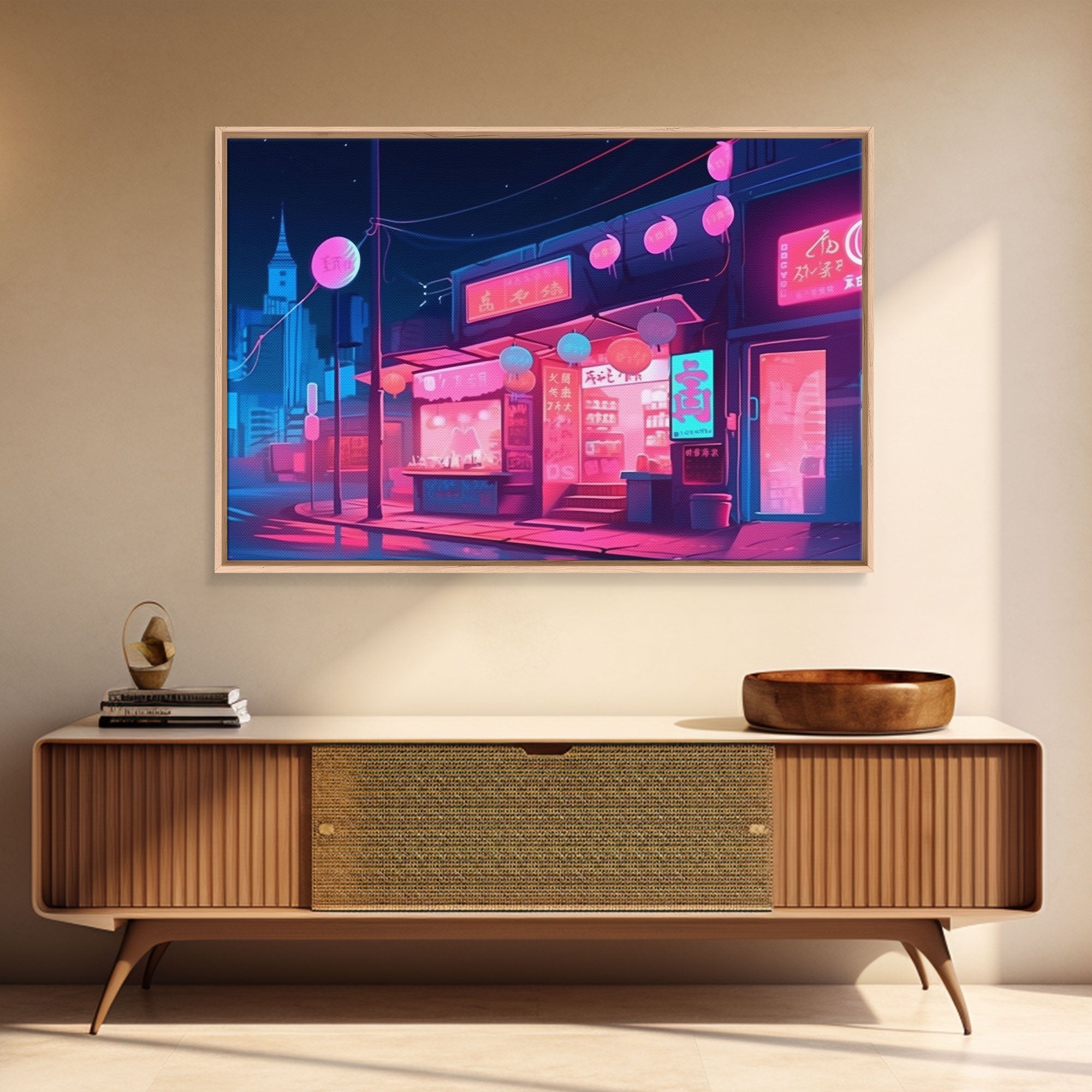 Retro Synthwave Style Tokyo Art, Framed Canvas Print, Unique Wall Art, Vintage Inspired Tokyo Night Life Art