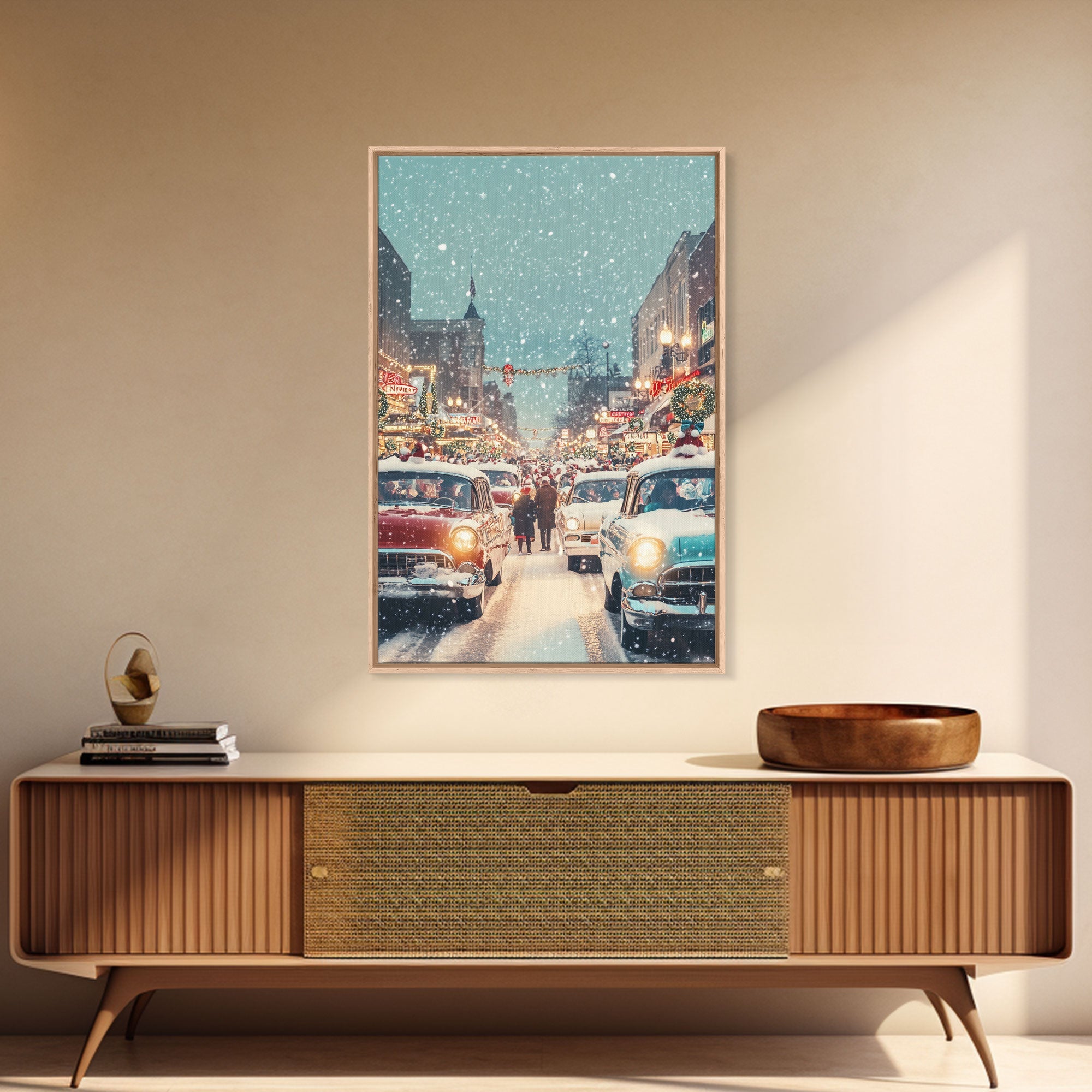 Retro Christmas Parade on Snowy Main Street with Classic Cars and Holiday Decorations, Framed Canvas Print for Christmas Wall Decor