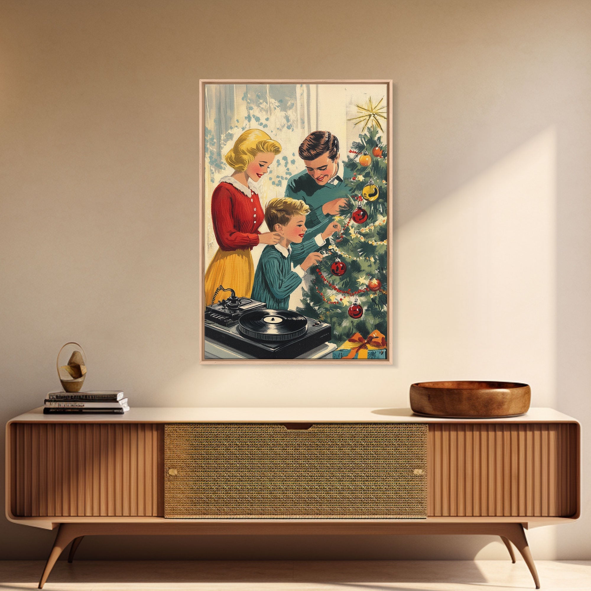 Mid-Century Family Christmas Celebration with Turntable and Christmas Tree, Retro Holiday Wall Art, Framed Canvas Print