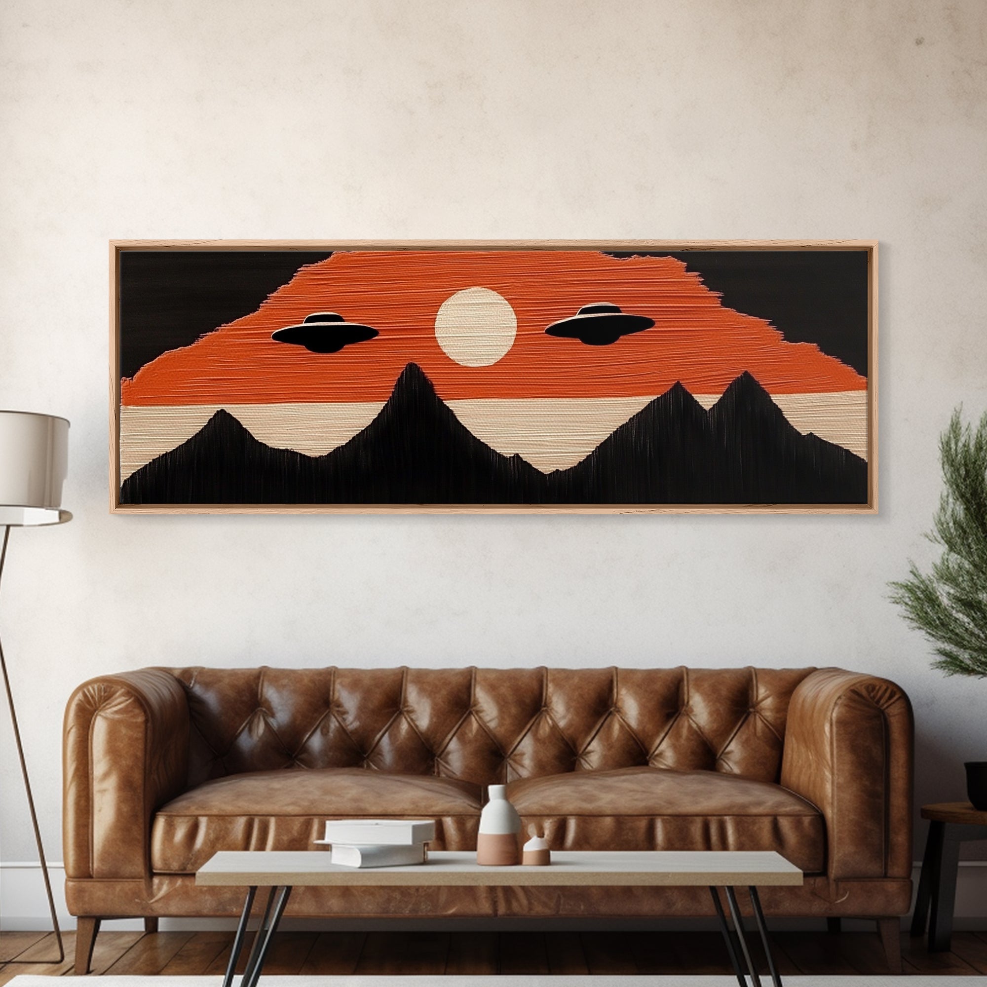 Flying Saucers over The Mountains - Retro Art Deco Inspired Scifi Art - Panoramic Print - Cute Nursery Decor