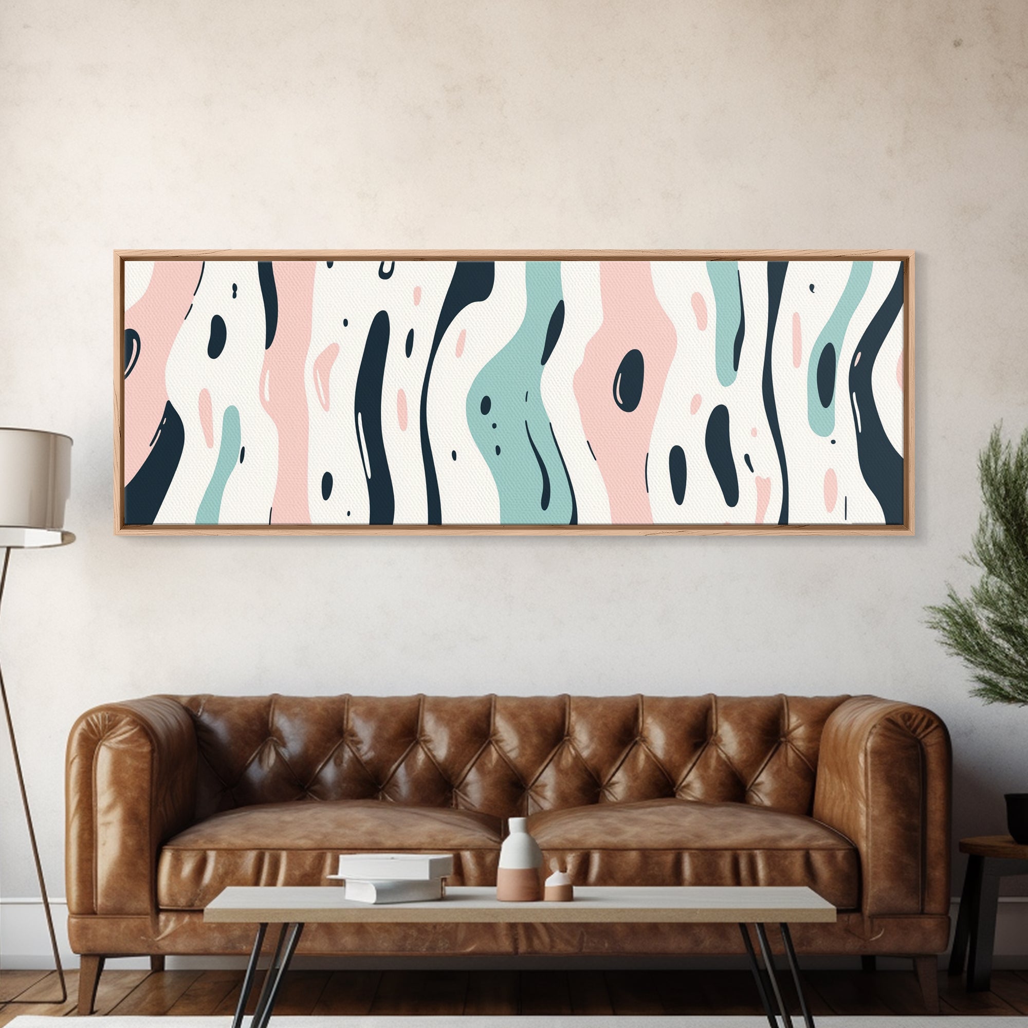Retro Pink and Turquoise Animal Print Abstract Art, Framed Canvas Print, Wood Framed Extra Large Panoramic Art, 20x60 Art, 24x72 Art