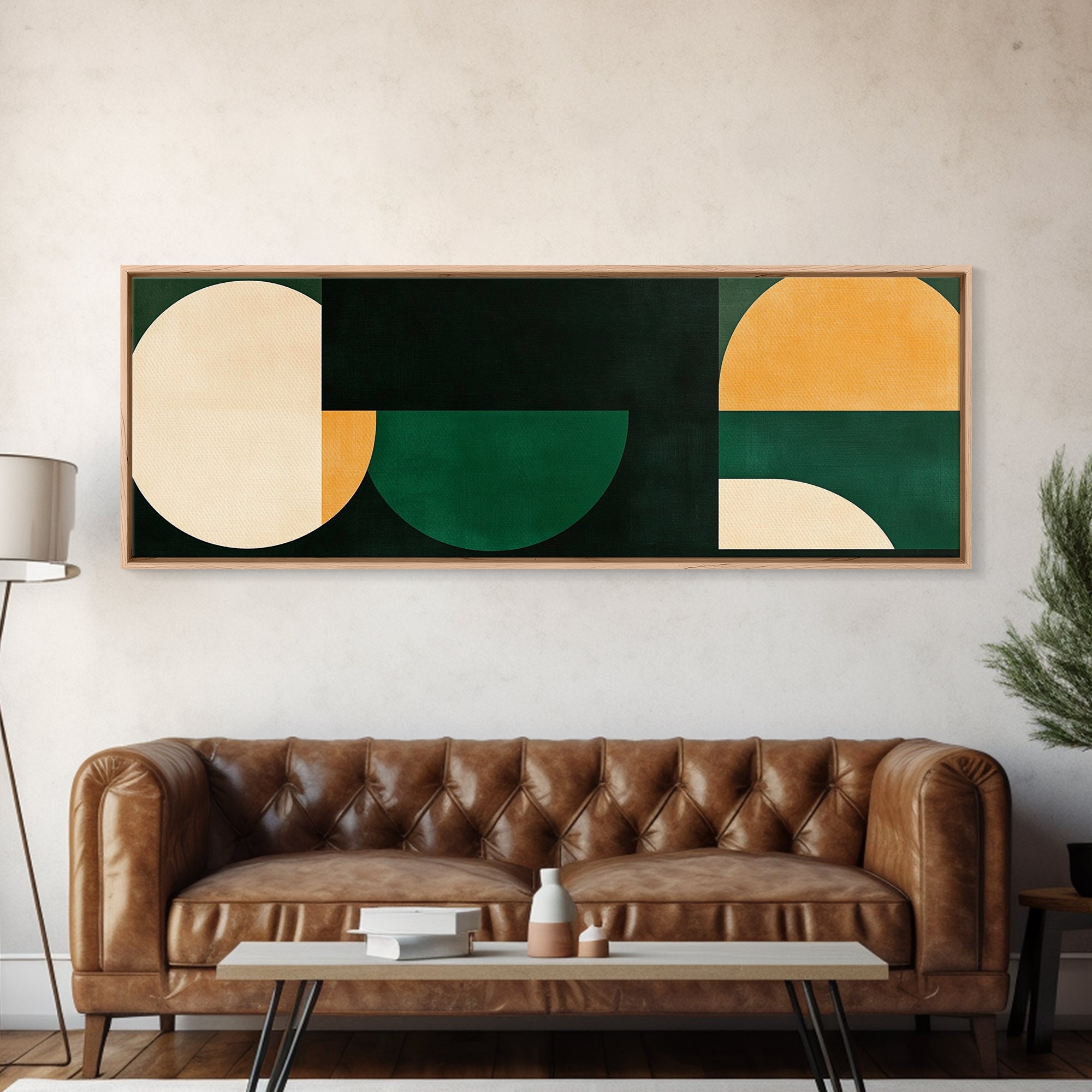 Squares and Circles, Geometric Pattern MCM Wall Art, Panoramic Framed Canvas Print, Wide and Narrow Art, Above Sofa living Room Wall Art