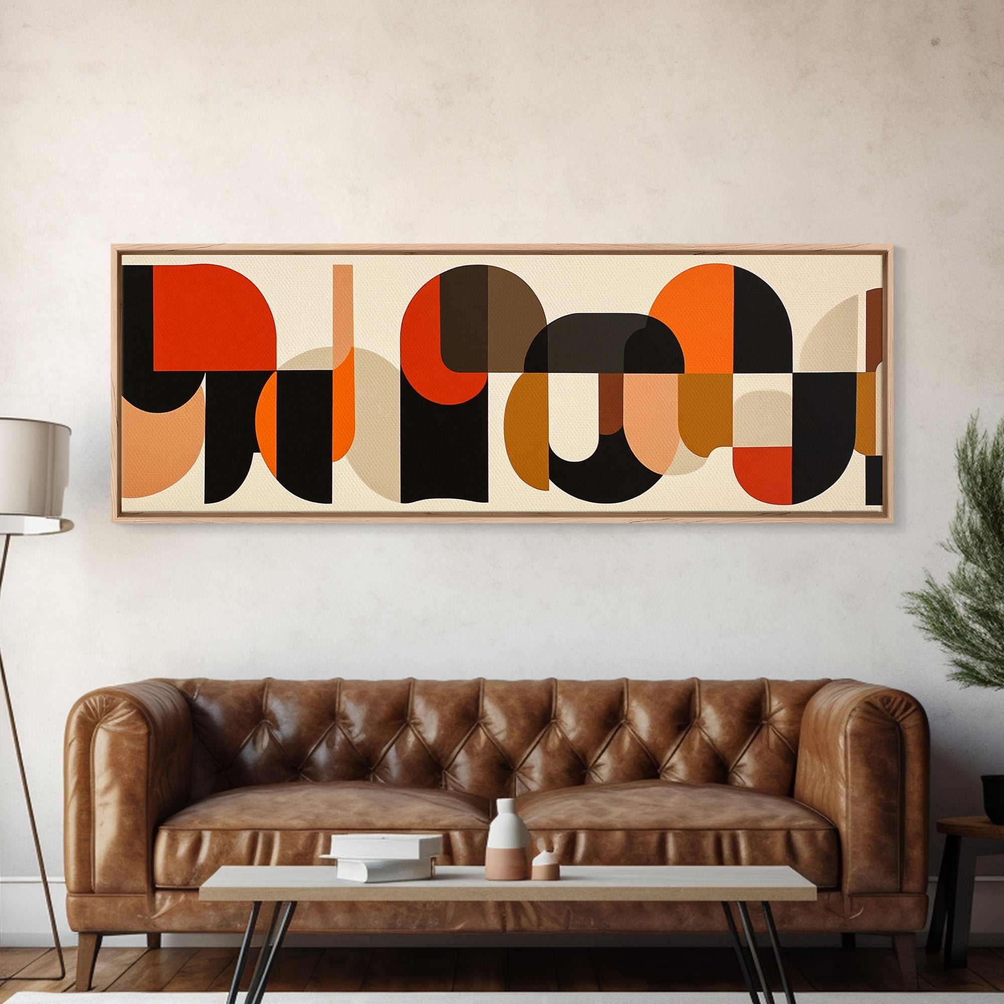 Mid-century Modern Wall Art, Framed Panoramic Art, Earth Tones, Subdued Artwork, Geometric Patterns, Above Couch or Sofa Art