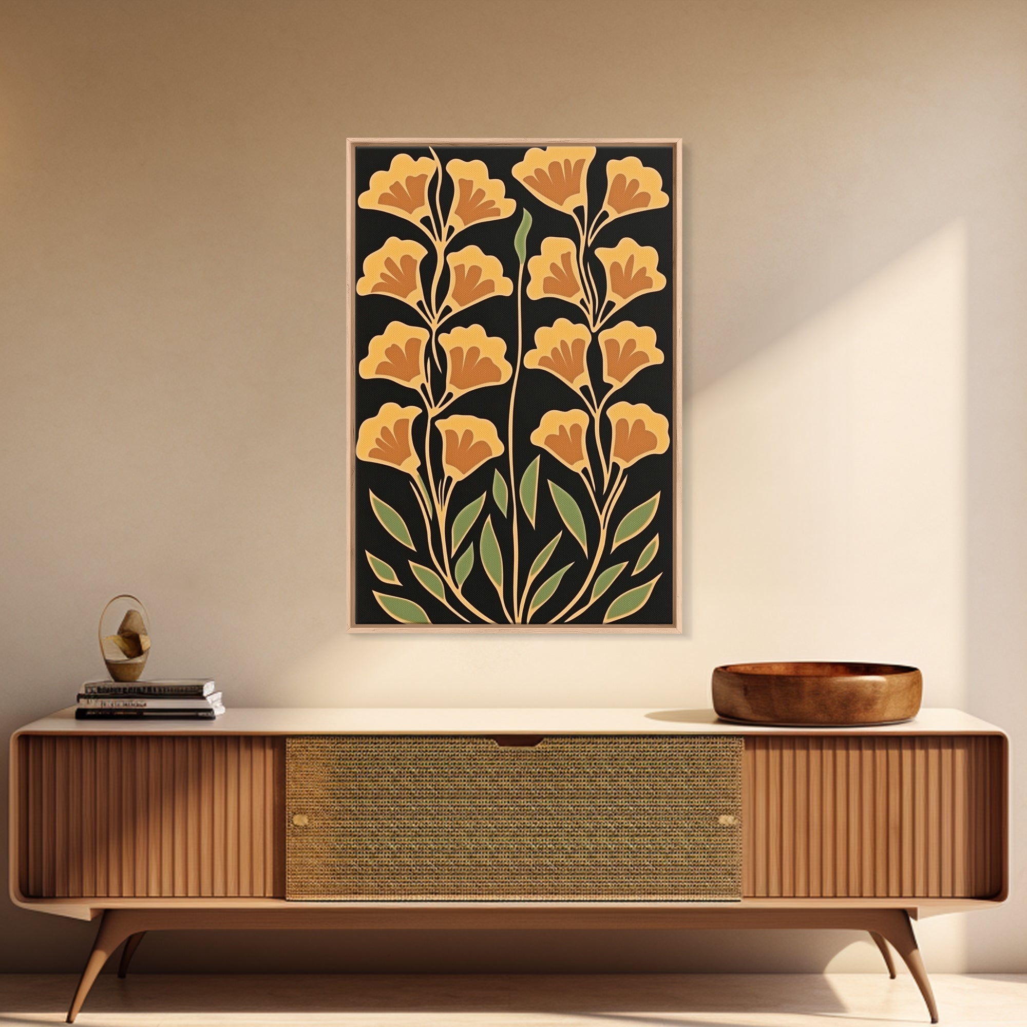 Abstract Flower Retro Painting Canvas Print, Large Wall Art, Original Minimalist Yellow Floral Art, Custom Painting Boho Wall Decor Living Room