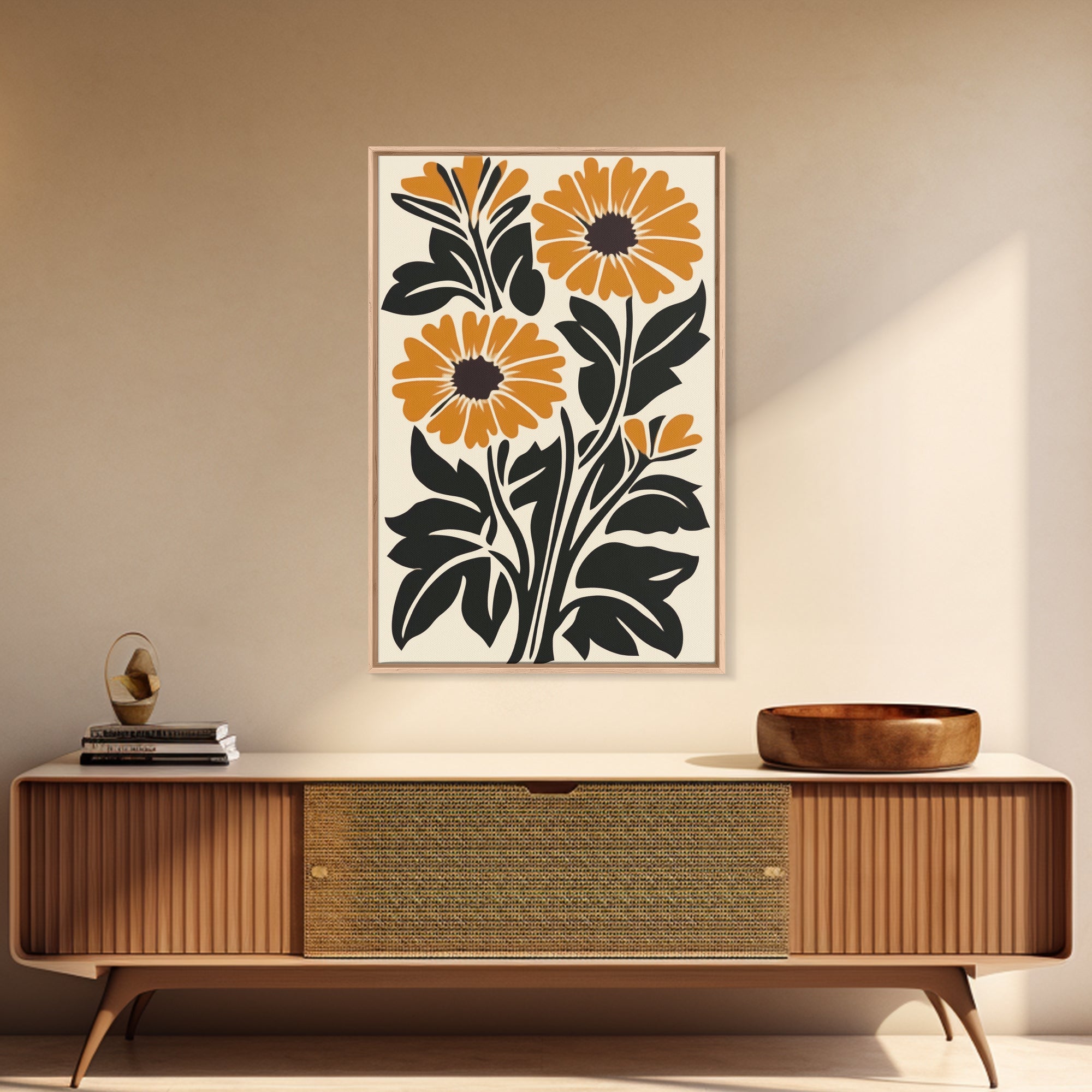 Midcentury Modern Boho Flowers Bouqet Wall Art Canvas Print, MCM Wall Art, Retro Style Abstract Art, Orange Flowers on White Background