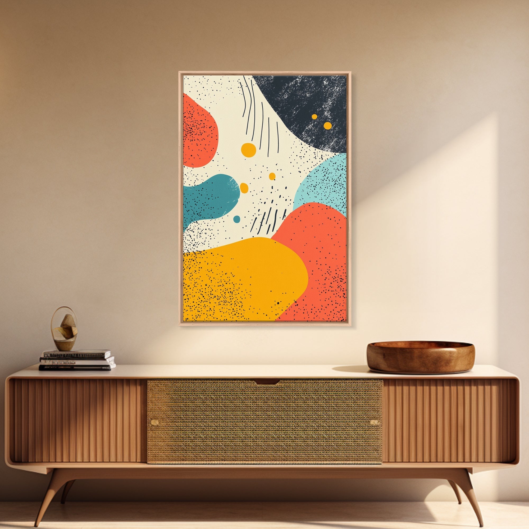 Framed Canvas Print, Retro 90s Style Wall Art, Orange, Turquoise and White Art, Modern Wall Art, Mid-Century Art