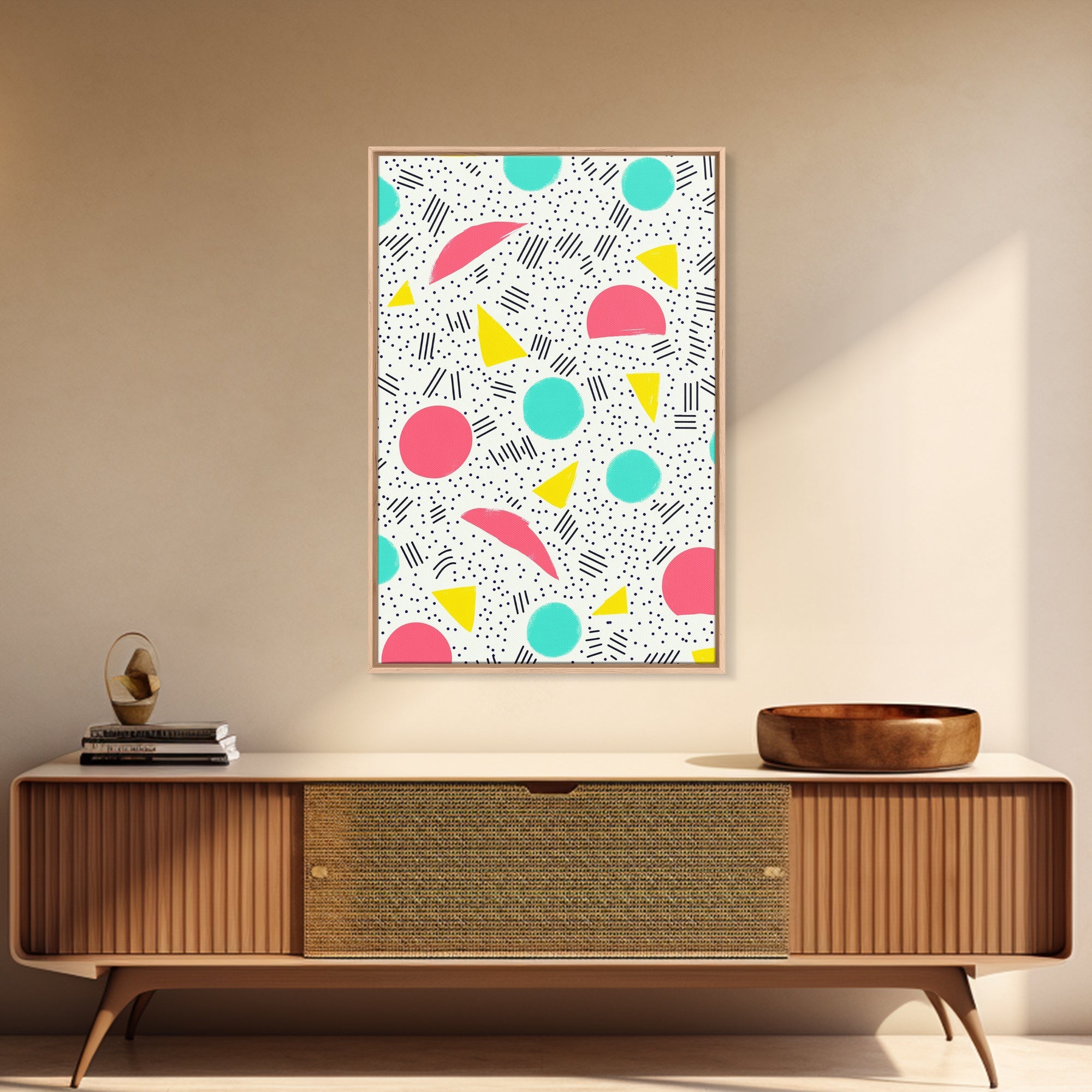 Retro Style Preppy Wall Art Framed Canvas Print, 90s Style Shopping Mall Style Abstract Art