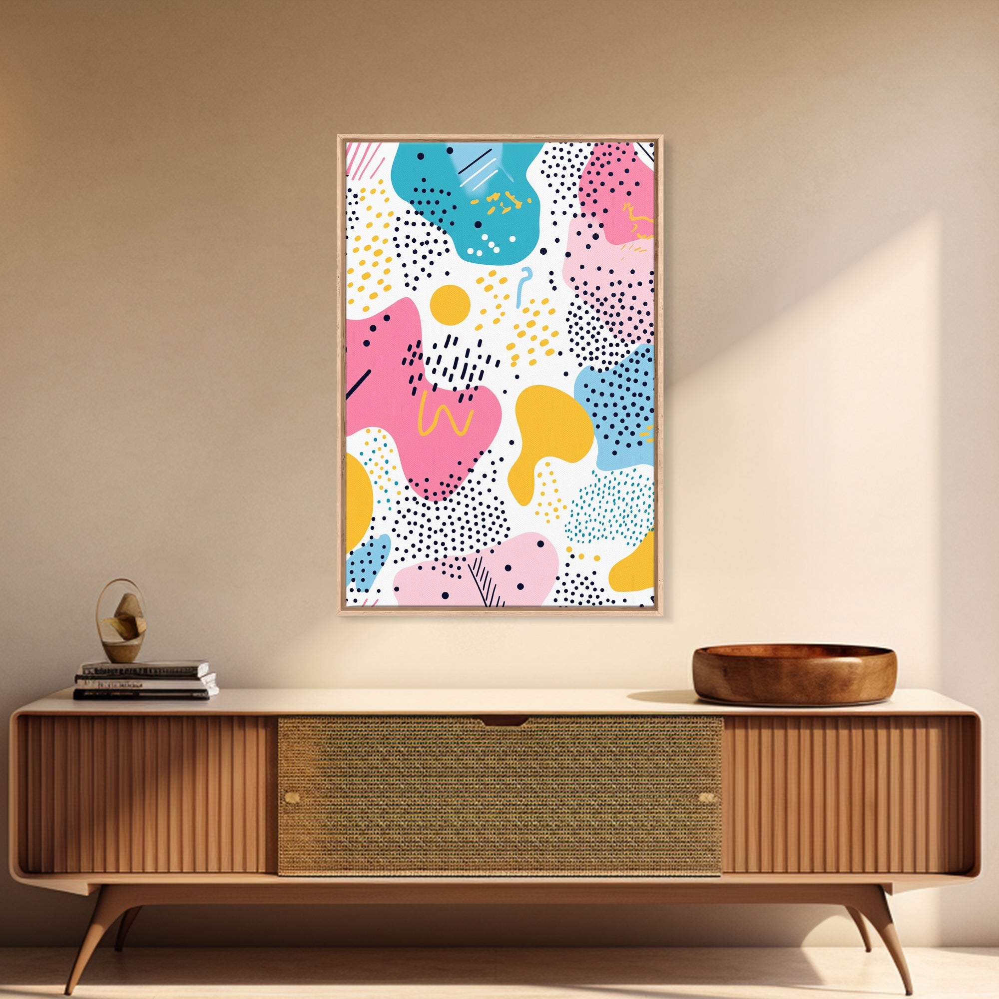 Retro 90s Style Wall Art, Framed Canvas Print, Abstract Shapes and Dots