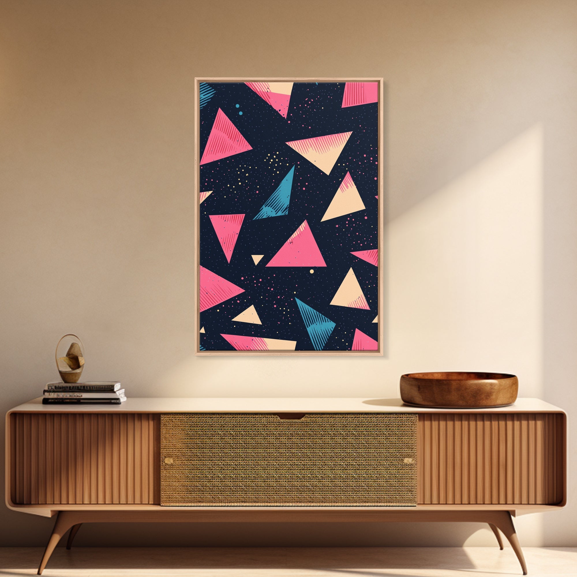 Retro 90s Style Wall Art Framed Canvas Print, Synthwave Abstract Triangles