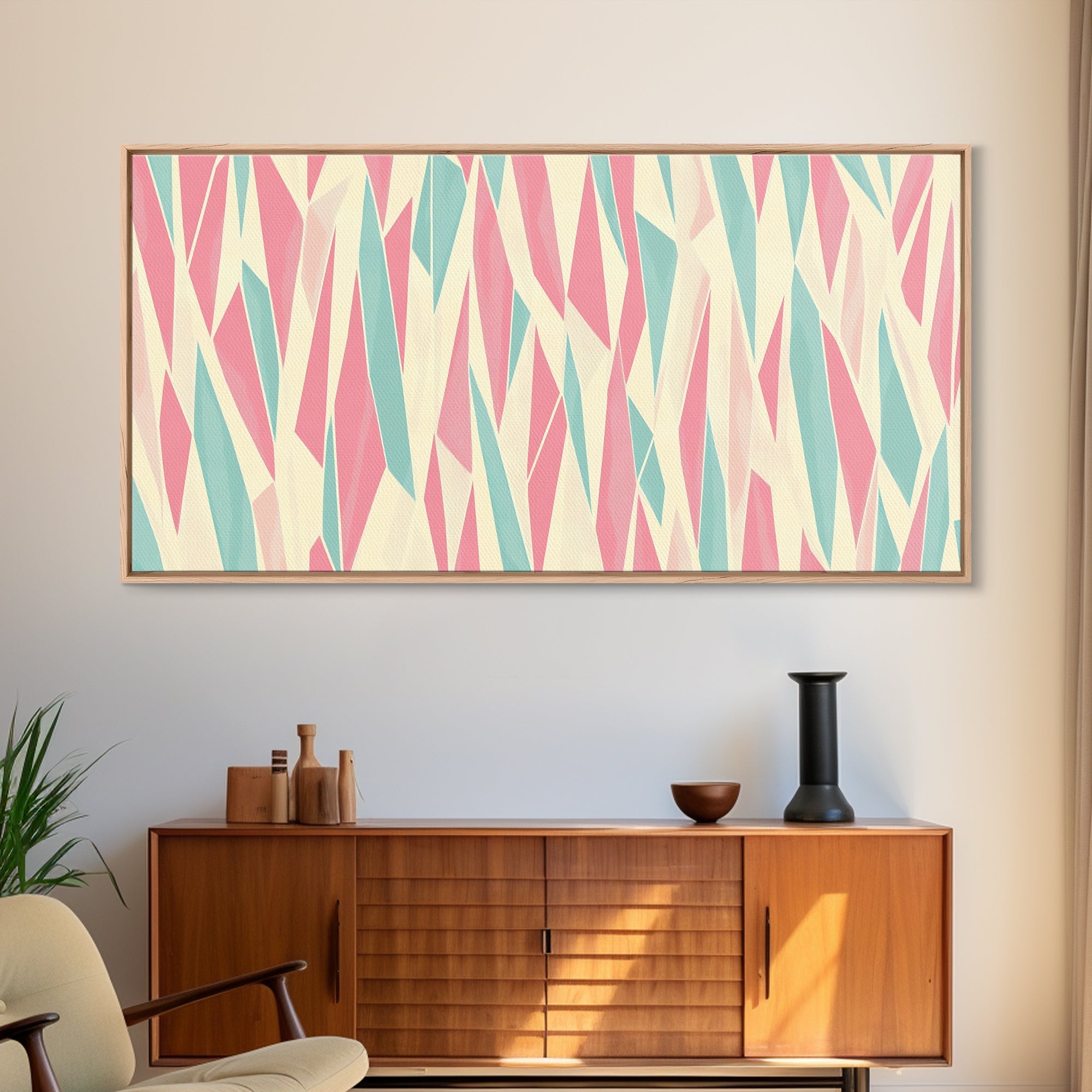 Pastel Mid-Century Modern Art - Retro Geometric Wall Art - Framed Canvas Print - Modern Abstract Painting - Bold Bright Colors