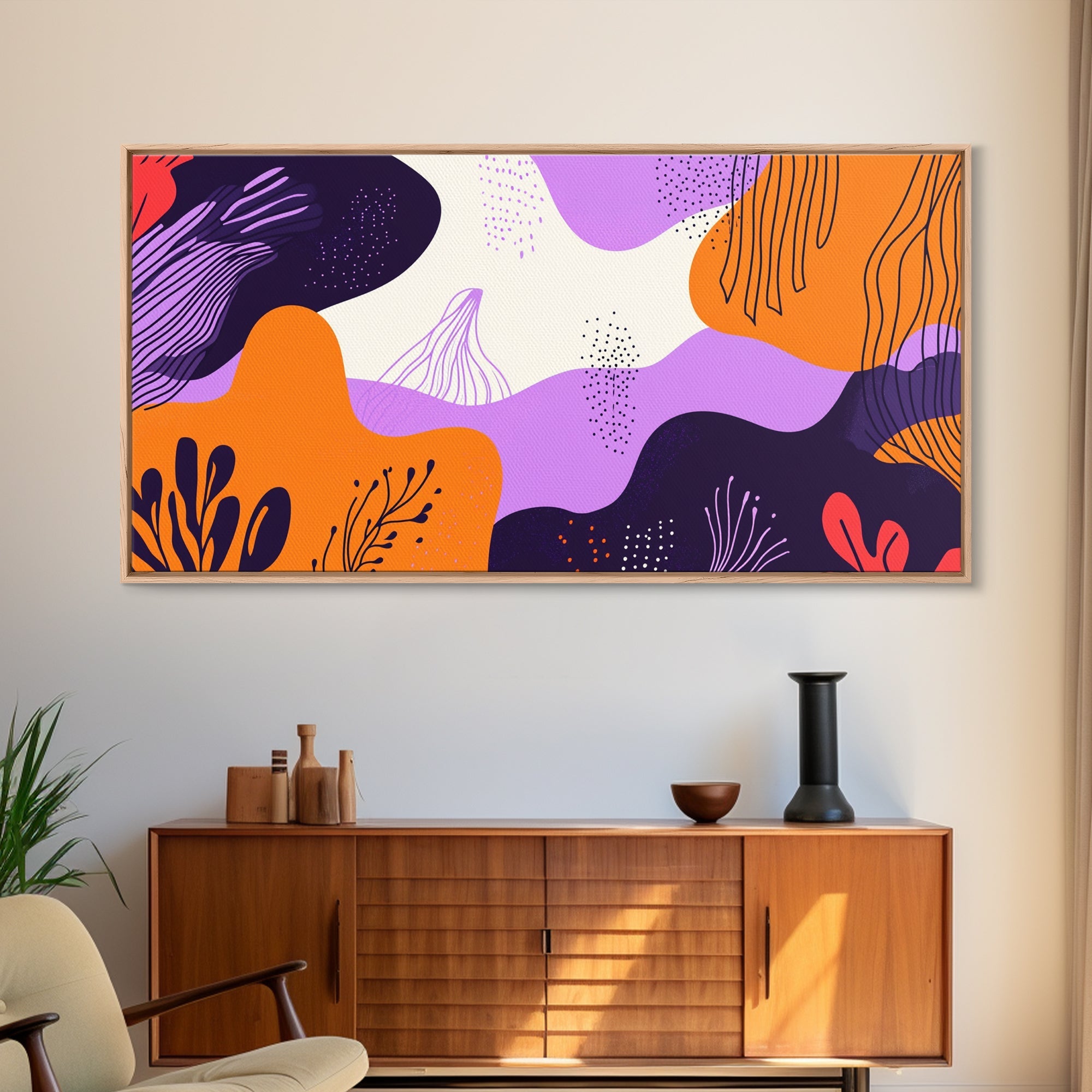 Purple And Orange Preppy Wall Art Framed Canvas Print, Retro 90s Style Wall Art