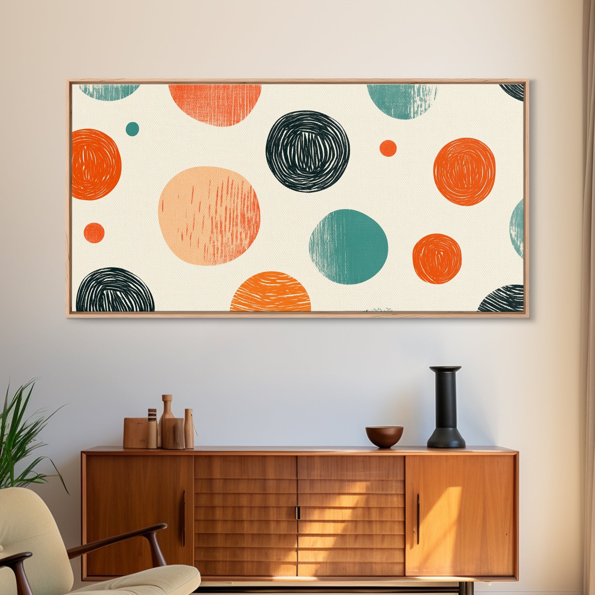 Mid-Century Modern Dots Framed Canvas Print, Preppy Home Decor, Retro 90s Style Wall Art