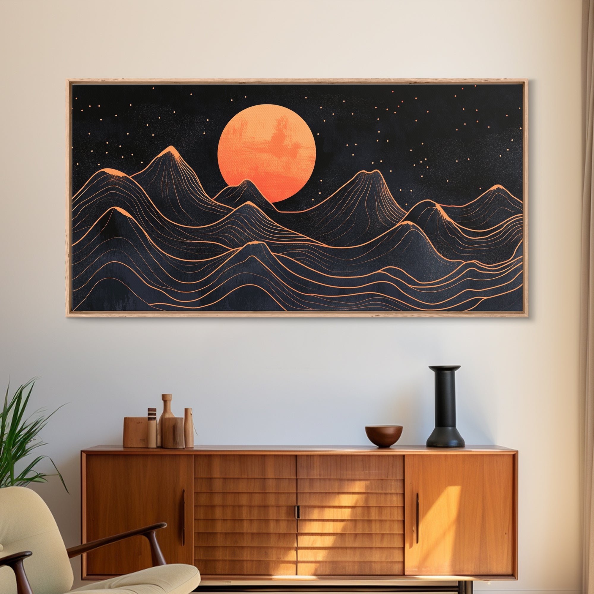 Art Deco Style Abstract Art, Orange Blood Moon Over Mountain Landscape, Retro Home Decor